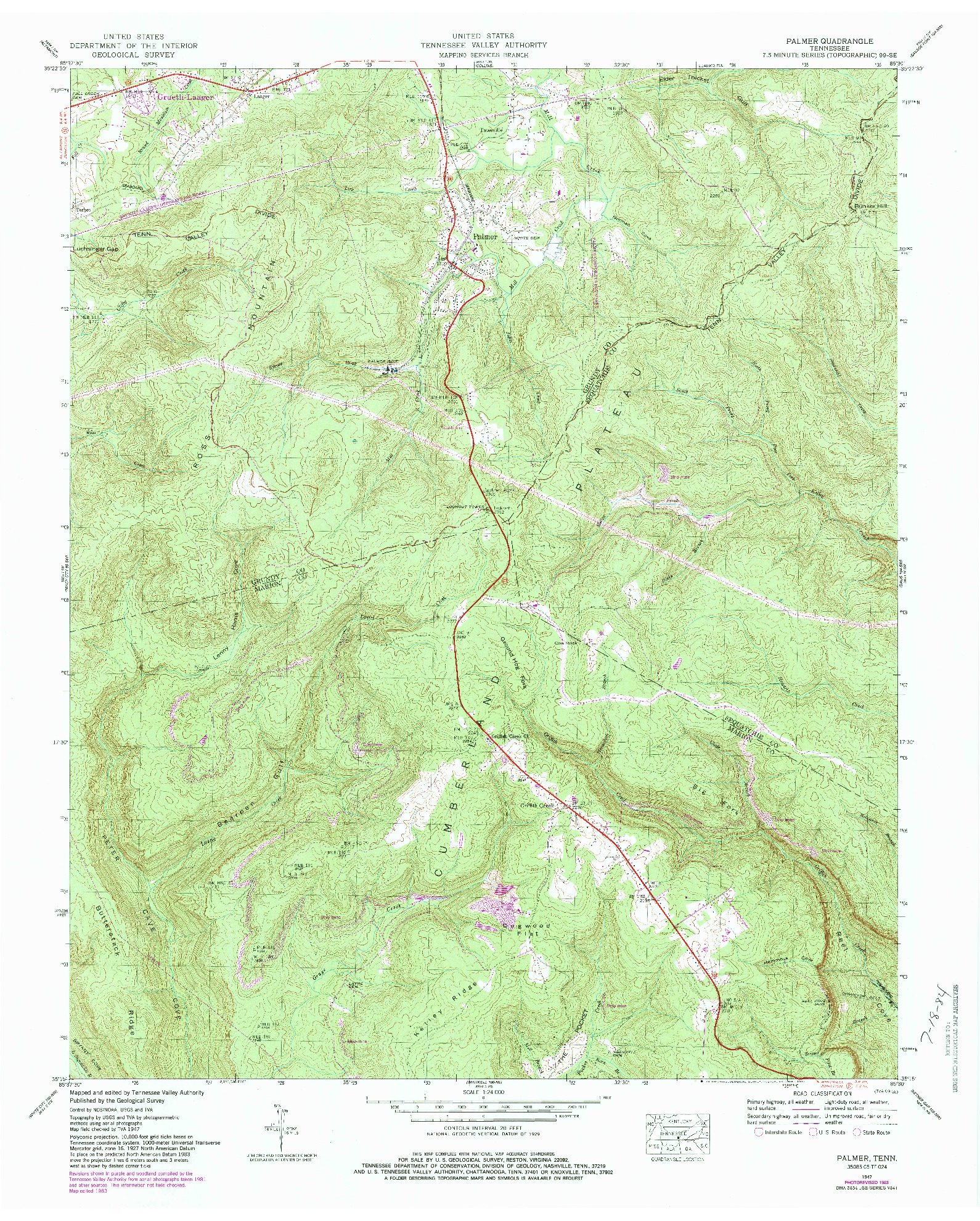 USGS 1:24000-SCALE QUADRANGLE FOR PALMER, TN 1947