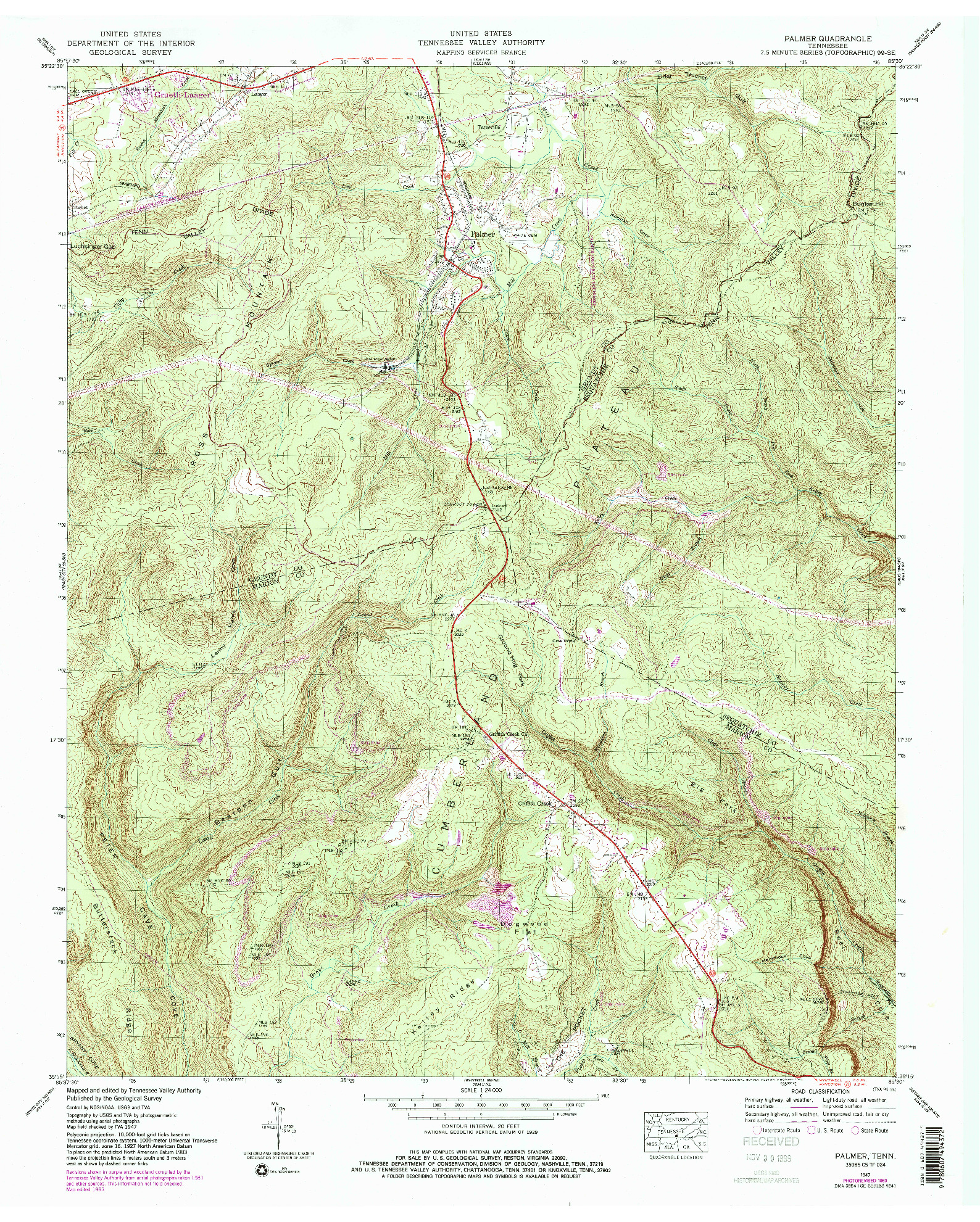 USGS 1:24000-SCALE QUADRANGLE FOR PALMER, TN 1947