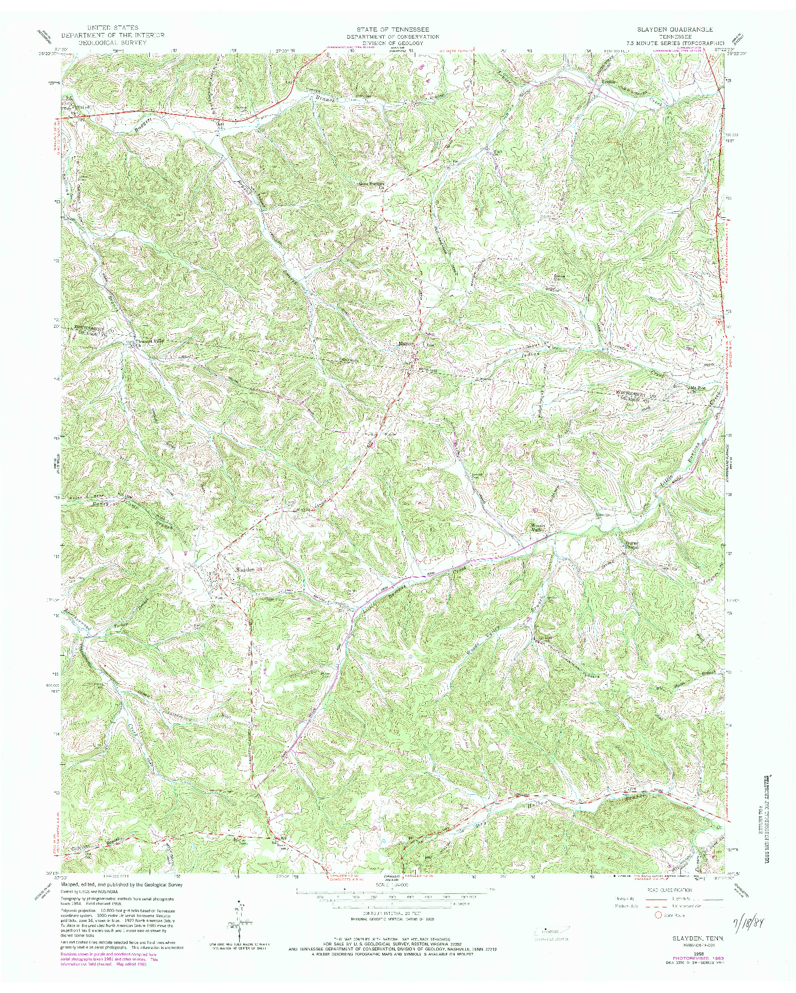 USGS 1:24000-SCALE QUADRANGLE FOR SLAYDEN, TN 1958