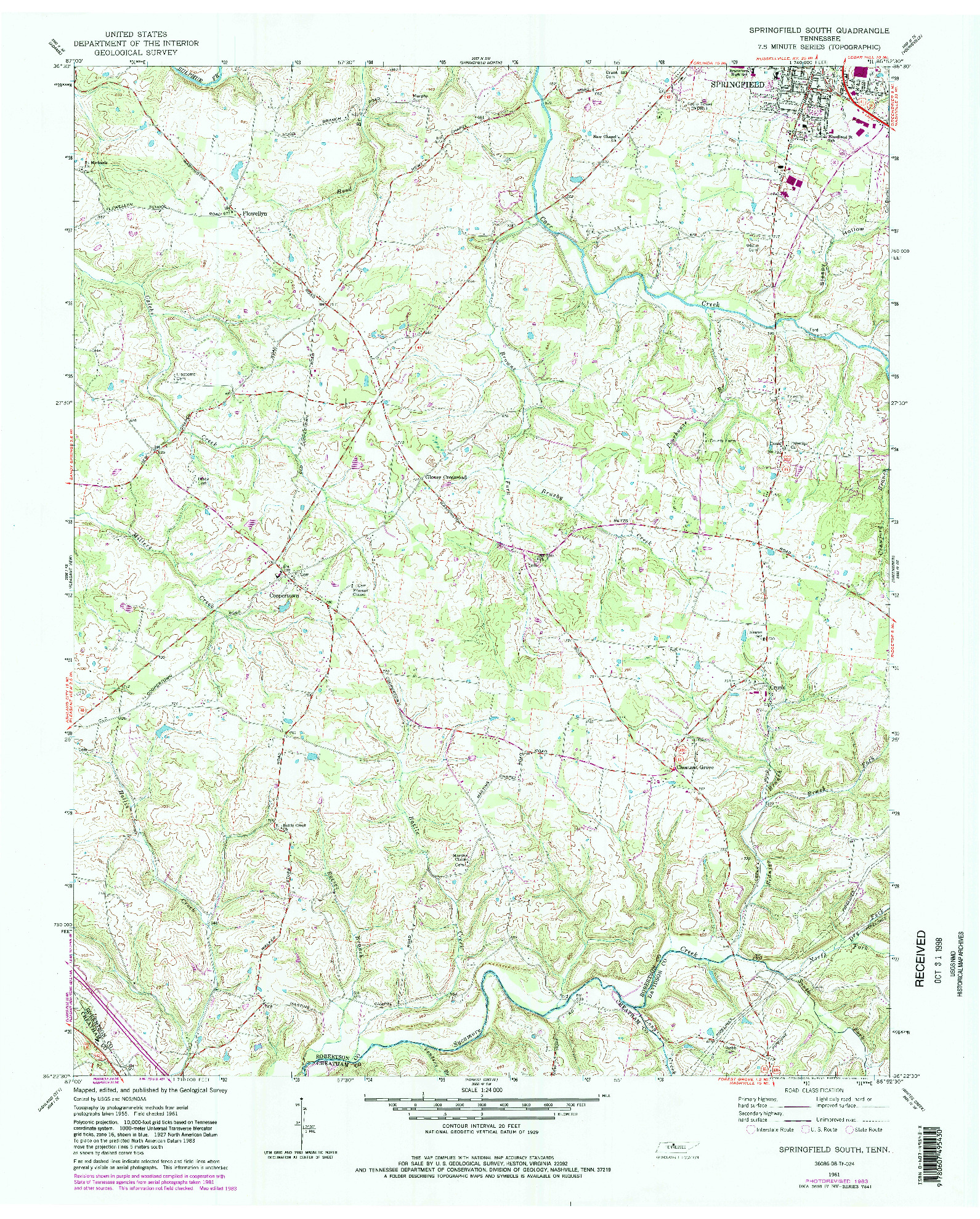 USGS 1:24000-SCALE QUADRANGLE FOR SPRINGFIELD SOUTH, TN 1961