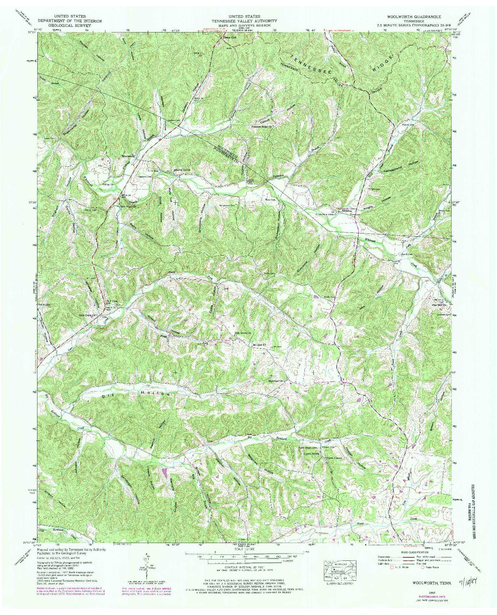 USGS 1:24000-SCALE QUADRANGLE FOR WOOLWORTH, TN 1952