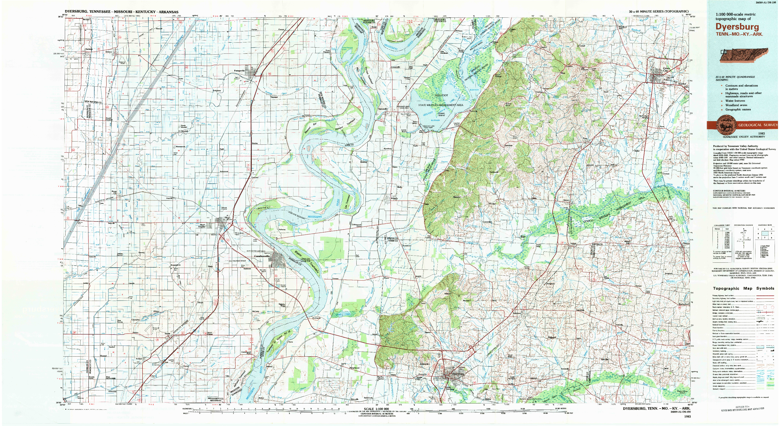 USGS 1:100000-SCALE QUADRANGLE FOR DYERSBURG, TN 1983