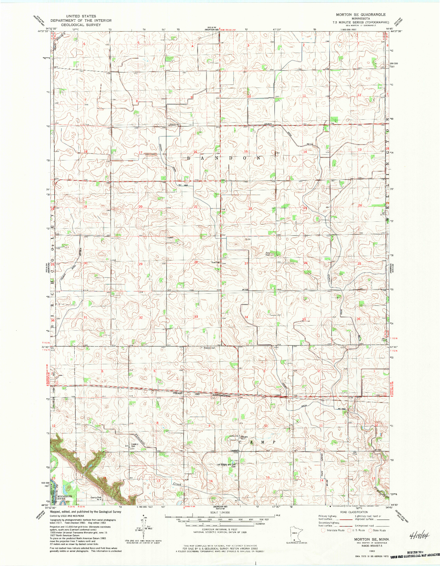 USGS 1:24000-SCALE QUADRANGLE FOR MORTON SE, MN 1983