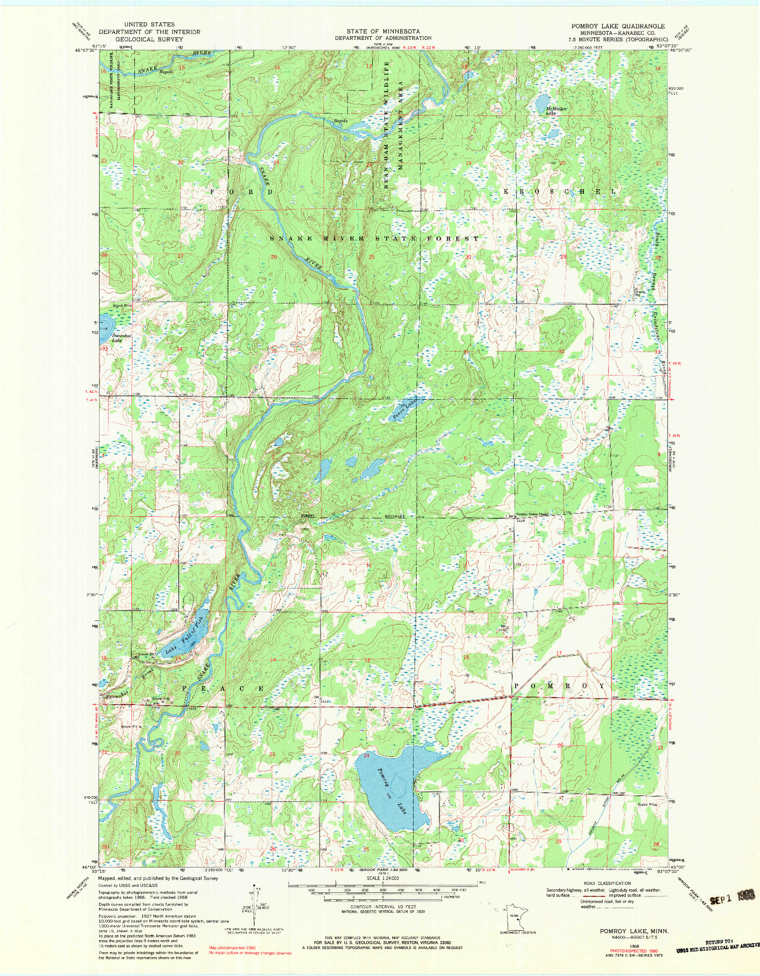 USGS 1:24000-SCALE QUADRANGLE FOR POMROY LAKE, MN 1968
