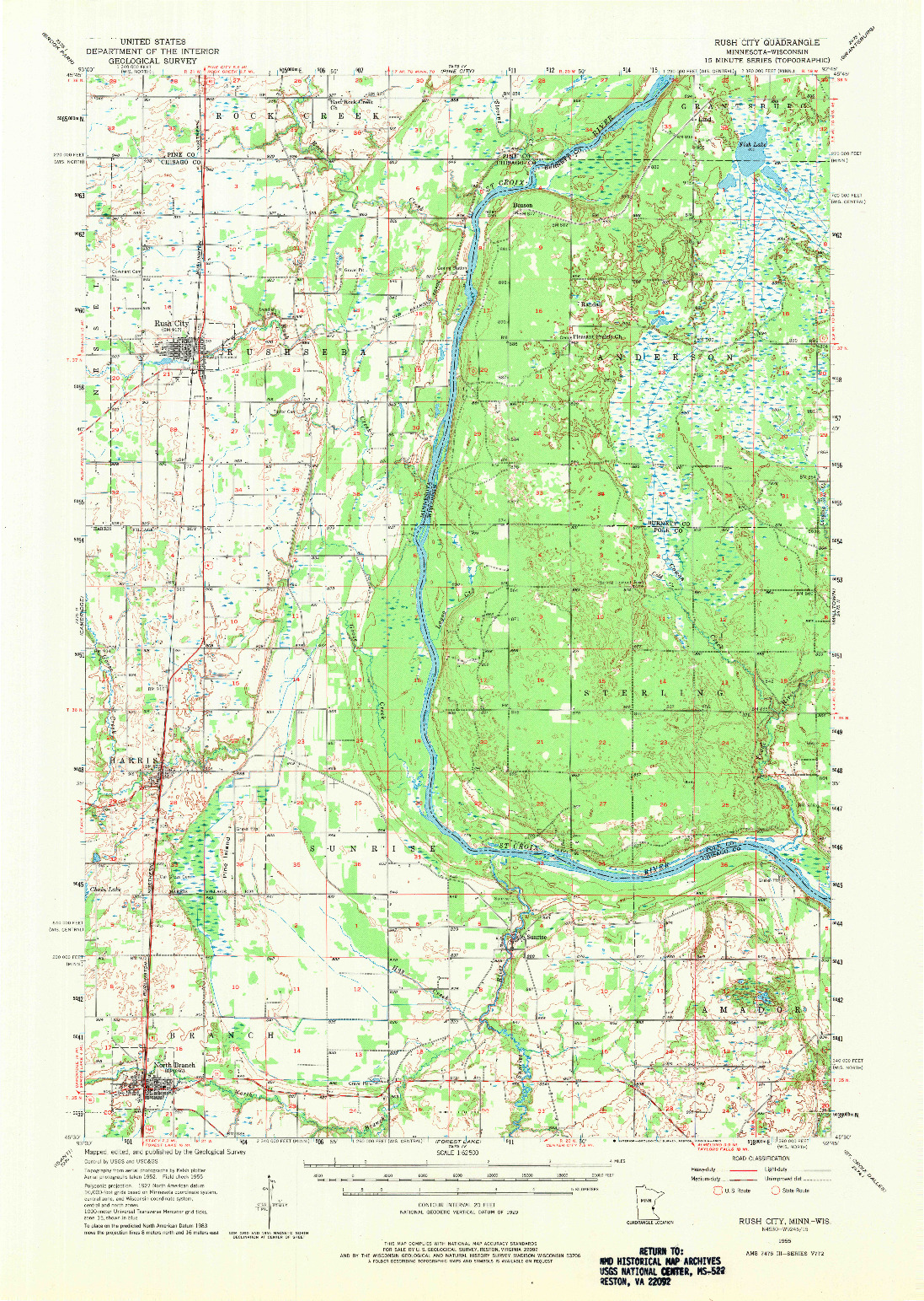 USGS 1:62500-SCALE QUADRANGLE FOR RUSH CITY, MN 1955