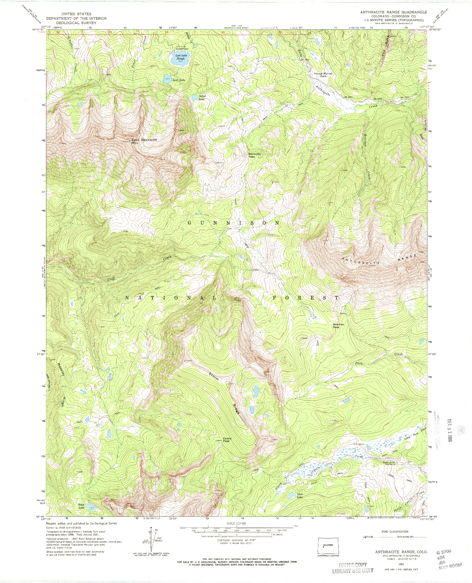 USGS 1:24000-SCALE QUADRANGLE FOR ANTHRACITE RANGE, CO 1961