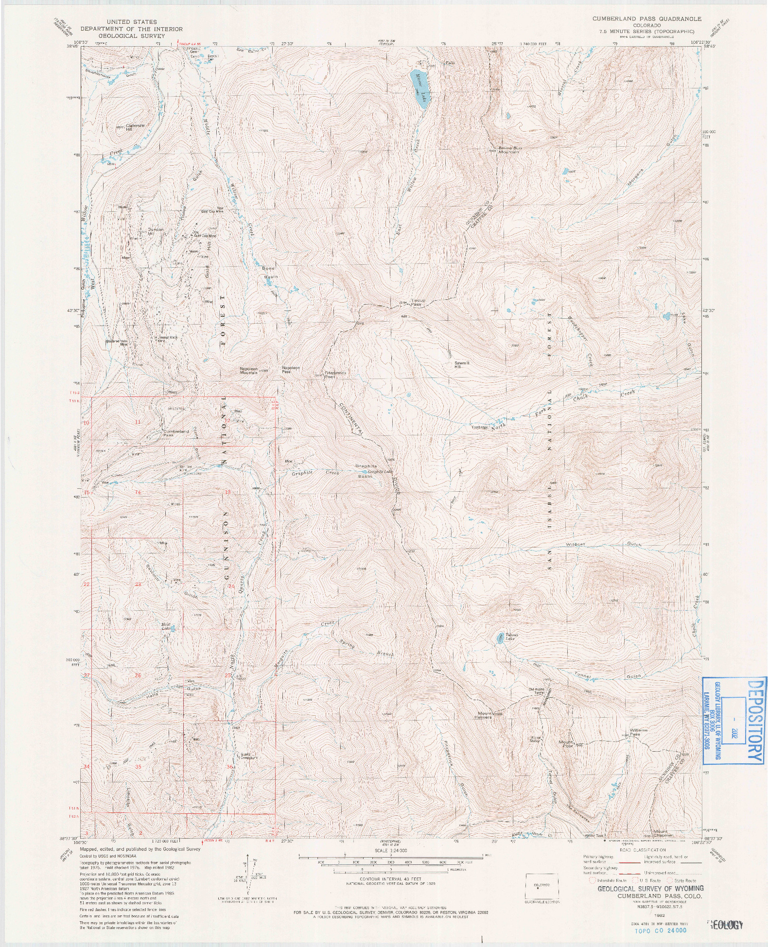 USGS 1:24000-SCALE QUADRANGLE FOR CUMBERLAND PASS, CO 1982