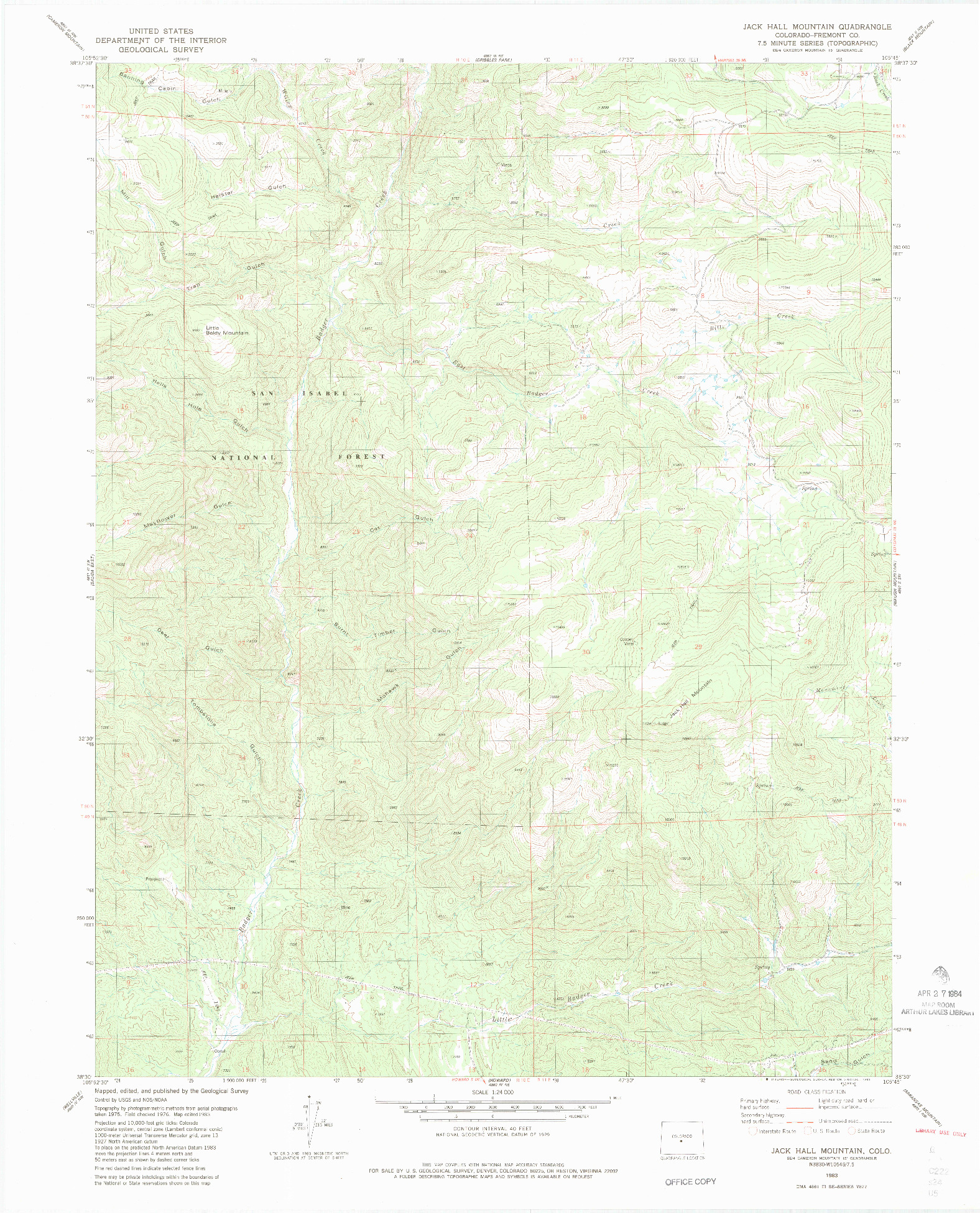 USGS 1:24000-SCALE QUADRANGLE FOR JACK HALL MOUNTAIN, CO 1983