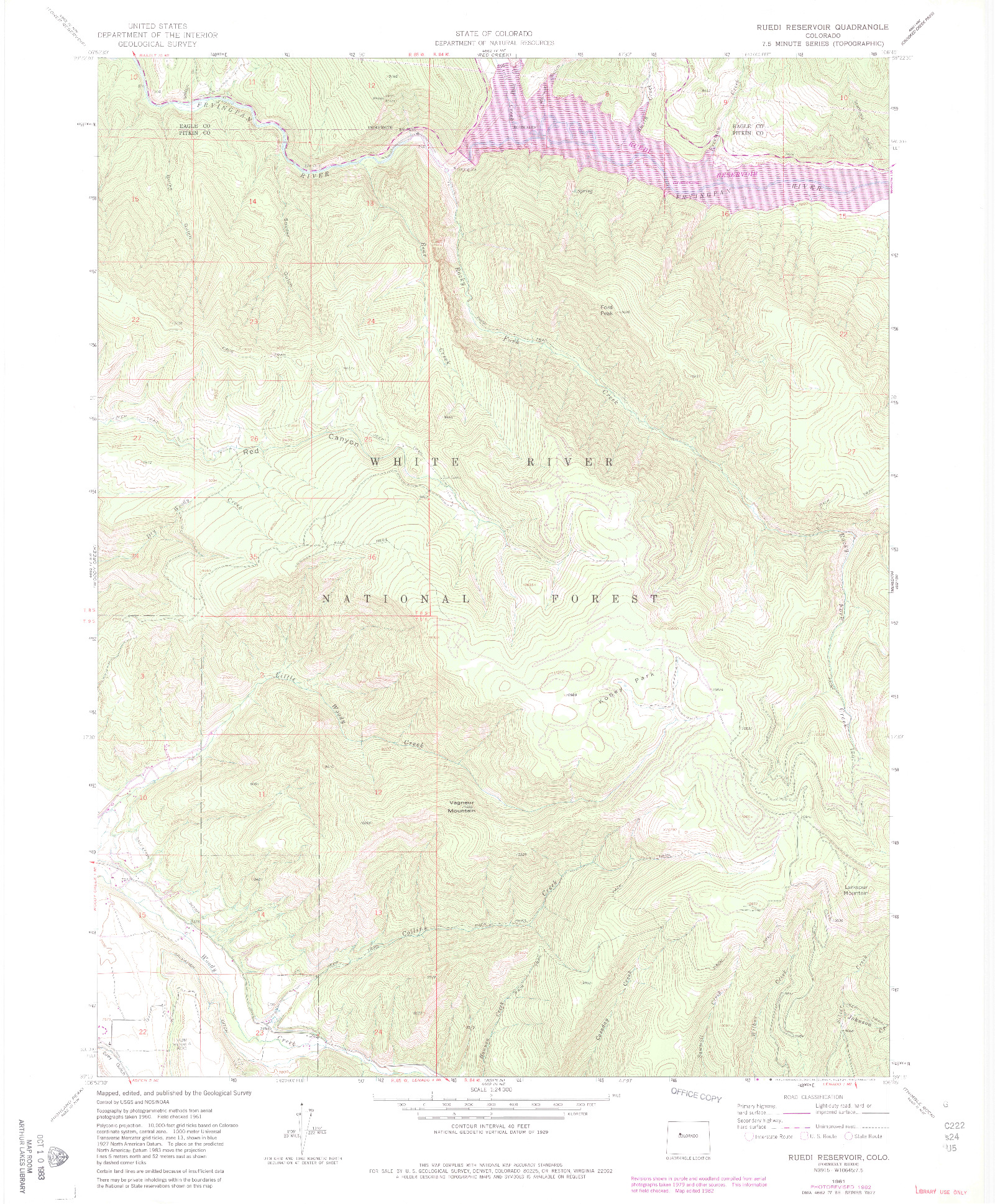 USGS 1:24000-SCALE QUADRANGLE FOR RUEDI RESERVOIR, CO 1961