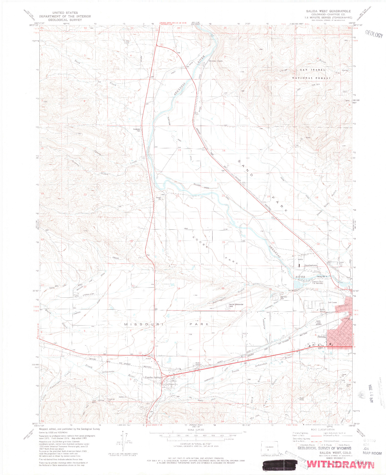 USGS 1:24000-SCALE QUADRANGLE FOR SALIDA WEST, CO 1983