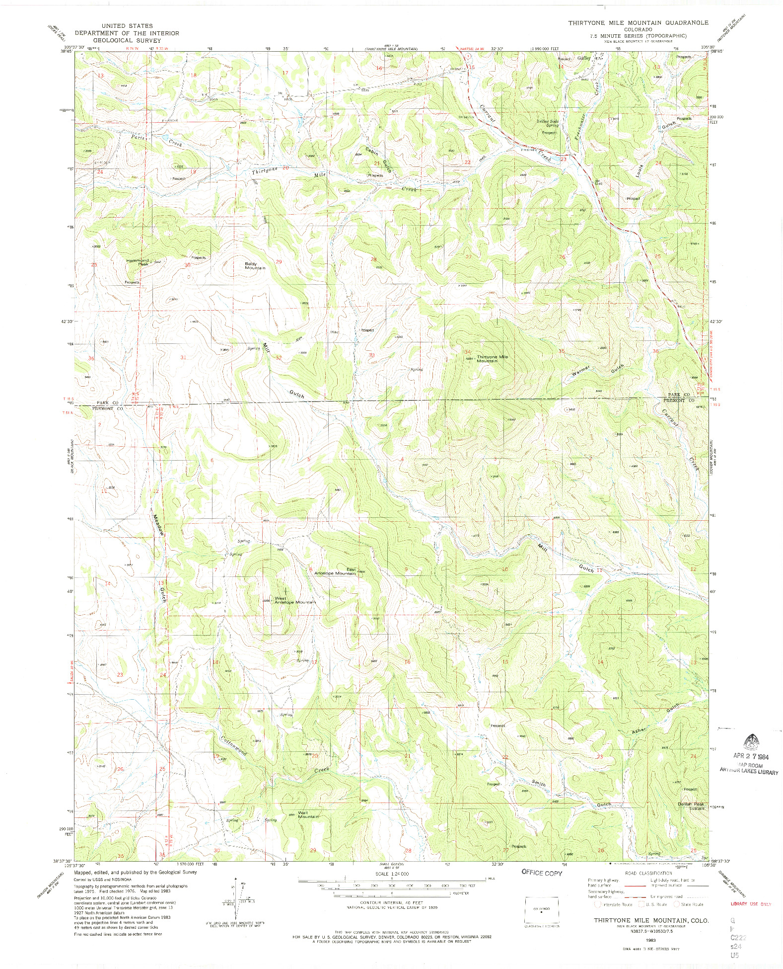 USGS 1:24000-SCALE QUADRANGLE FOR THIRTYONE MILE MOUNTAIN, CO 1983