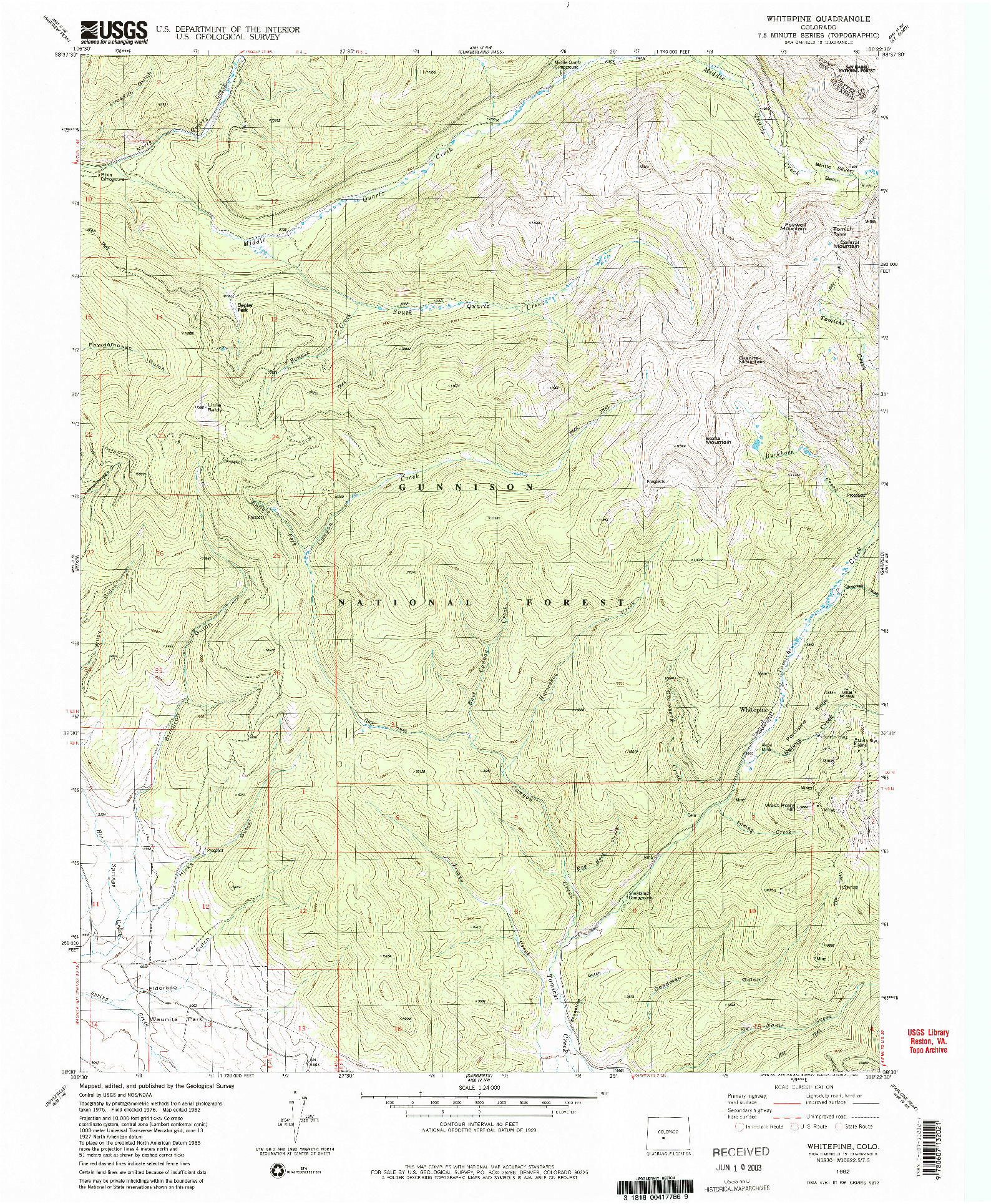 USGS 1:24000-SCALE QUADRANGLE FOR WHITEPINE, CO 1982