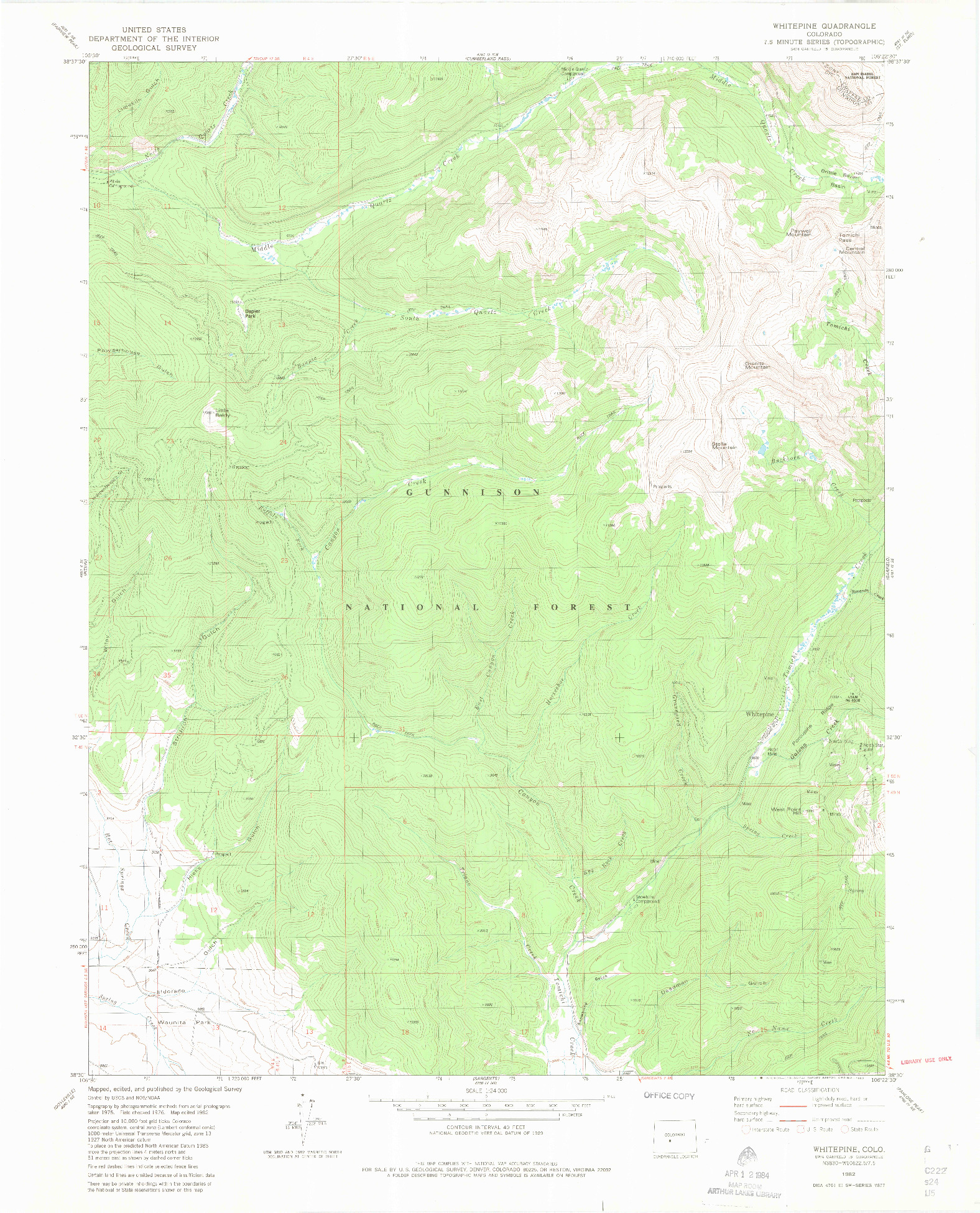 USGS 1:24000-SCALE QUADRANGLE FOR WHITEPINE, CO 1982