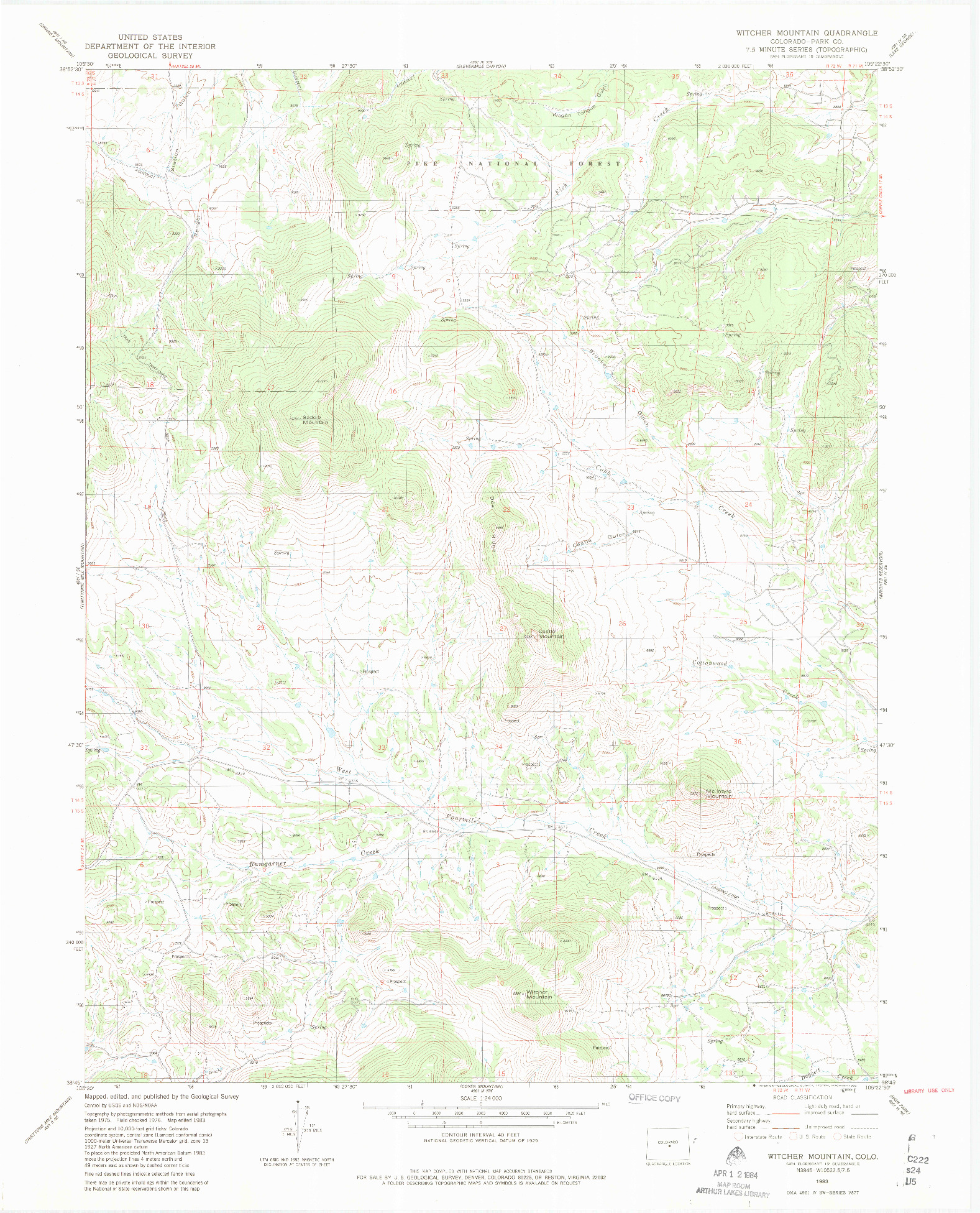 USGS 1:24000-SCALE QUADRANGLE FOR WITCHER MOUNTAIN, CO 1983