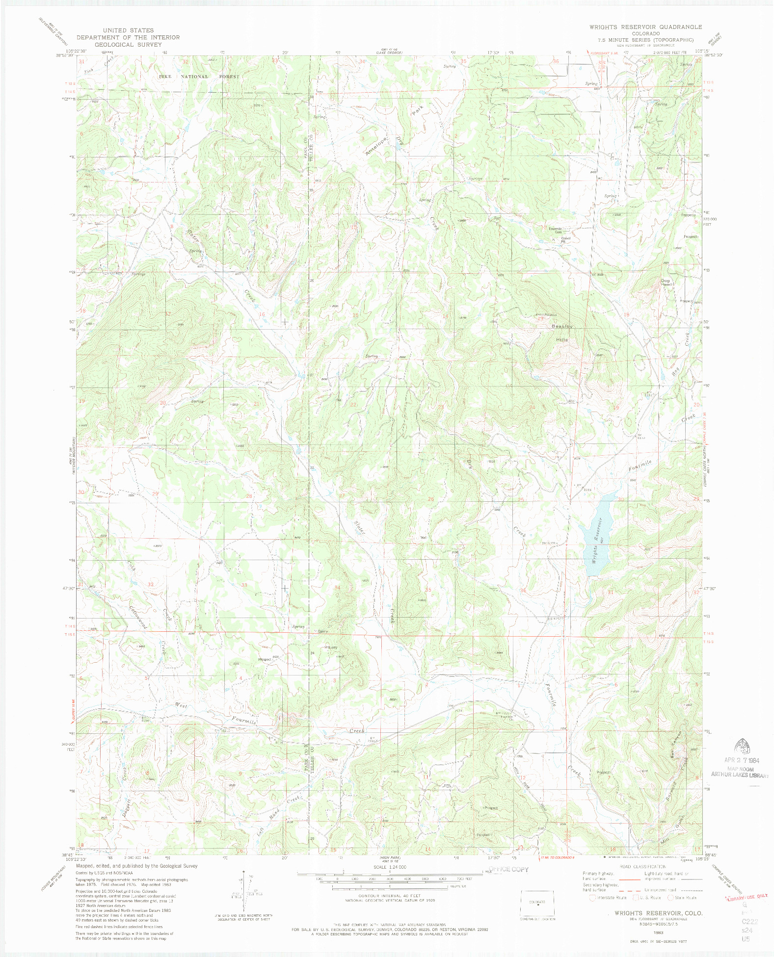 USGS 1:24000-SCALE QUADRANGLE FOR WRIGHTS RESERVOIR, CO 1983