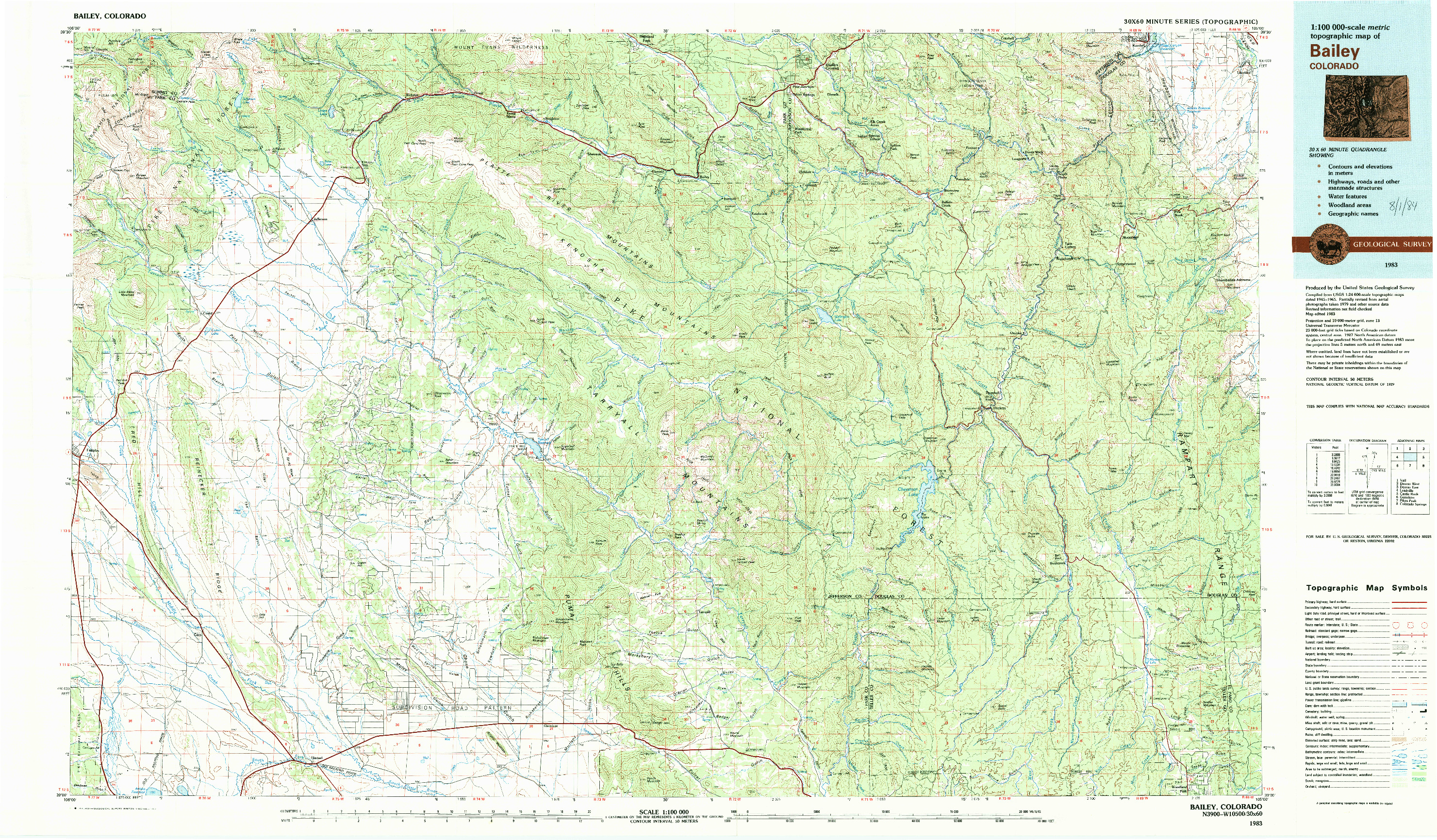 USGS 1:100000-SCALE QUADRANGLE FOR BAILEY, CO 1983