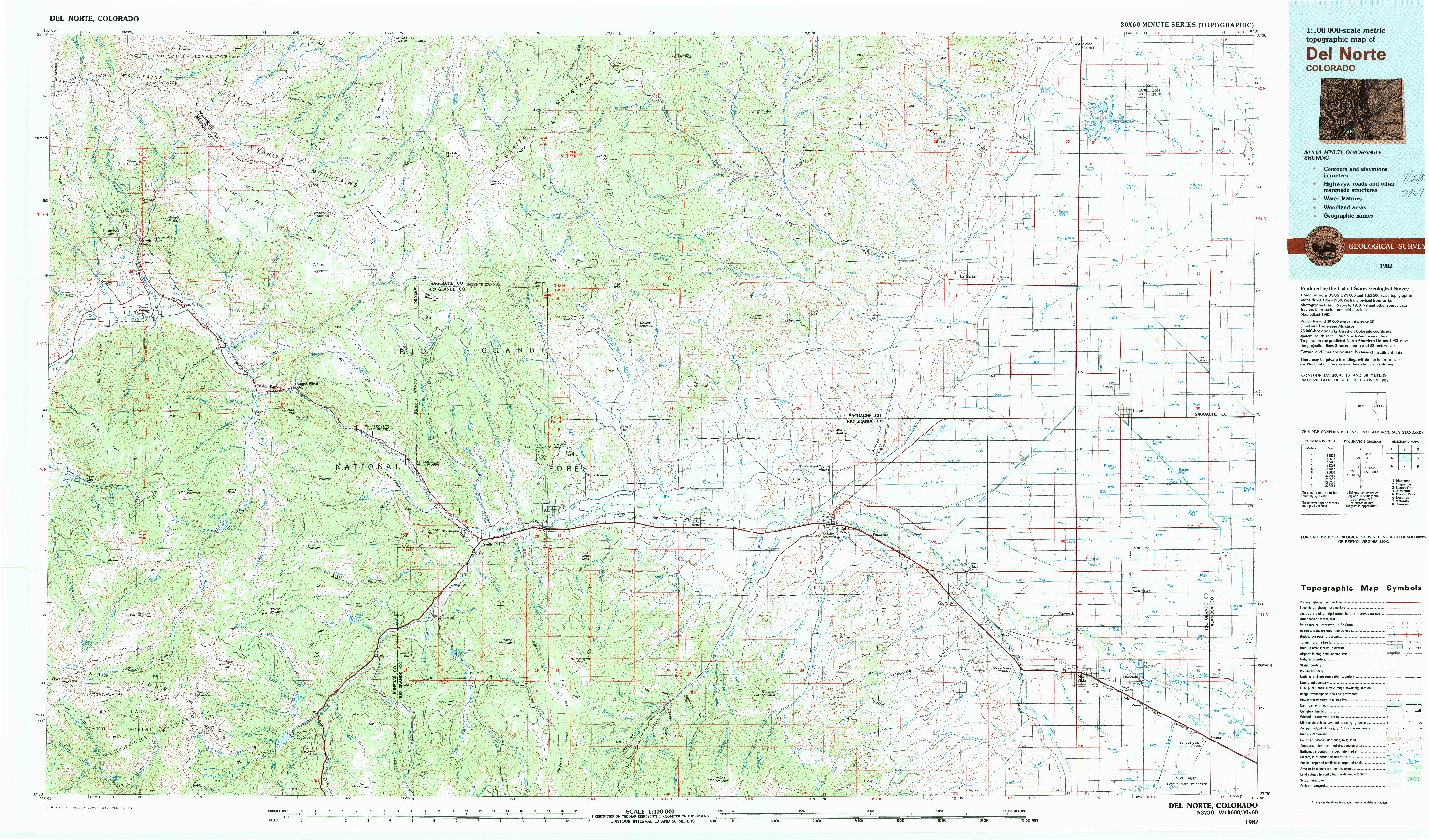 USGS 1:100000-SCALE QUADRANGLE FOR DEL NORTE, CO 1982