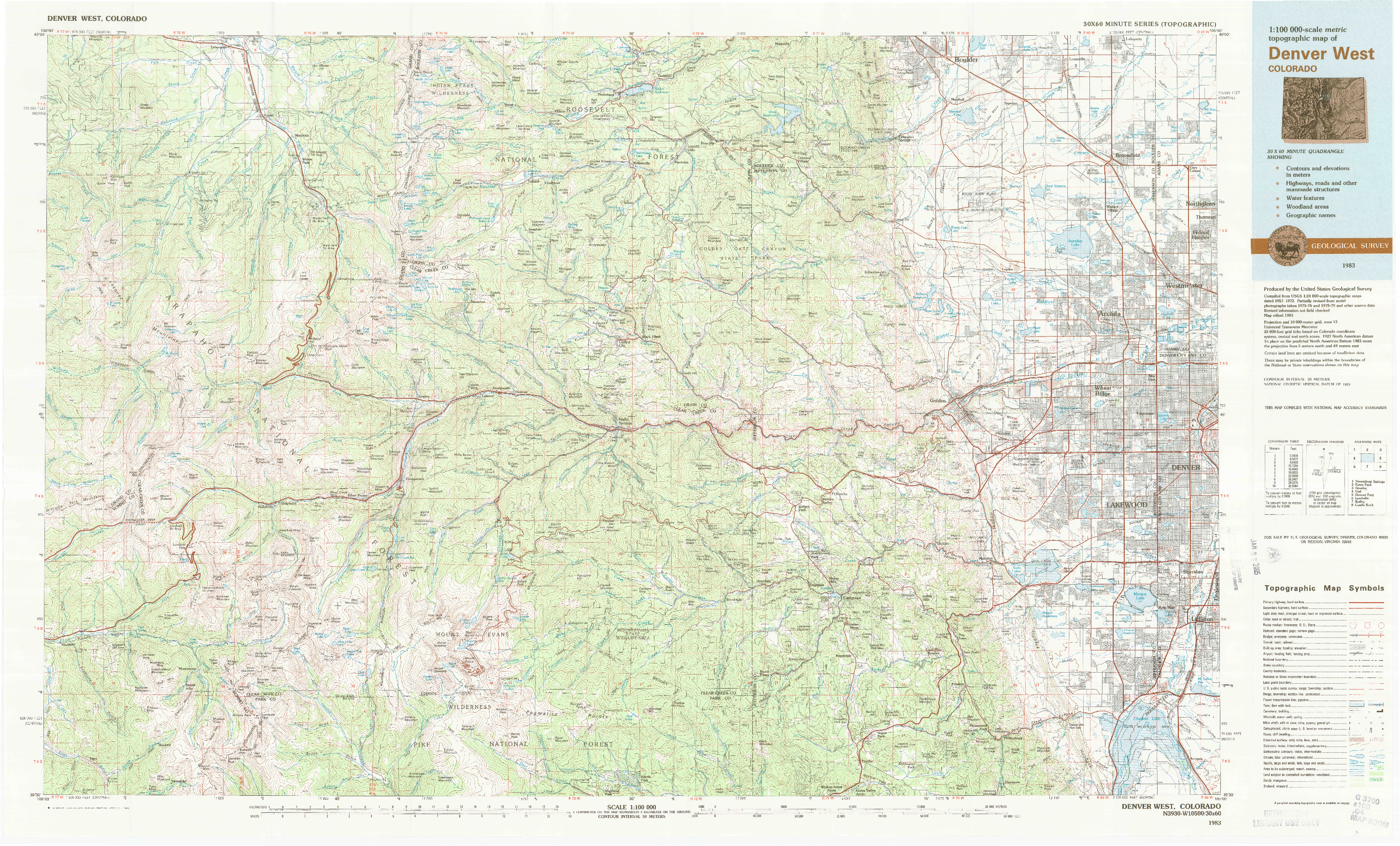 USGS 1:100000-SCALE QUADRANGLE FOR DENVER WEST, CO 1983