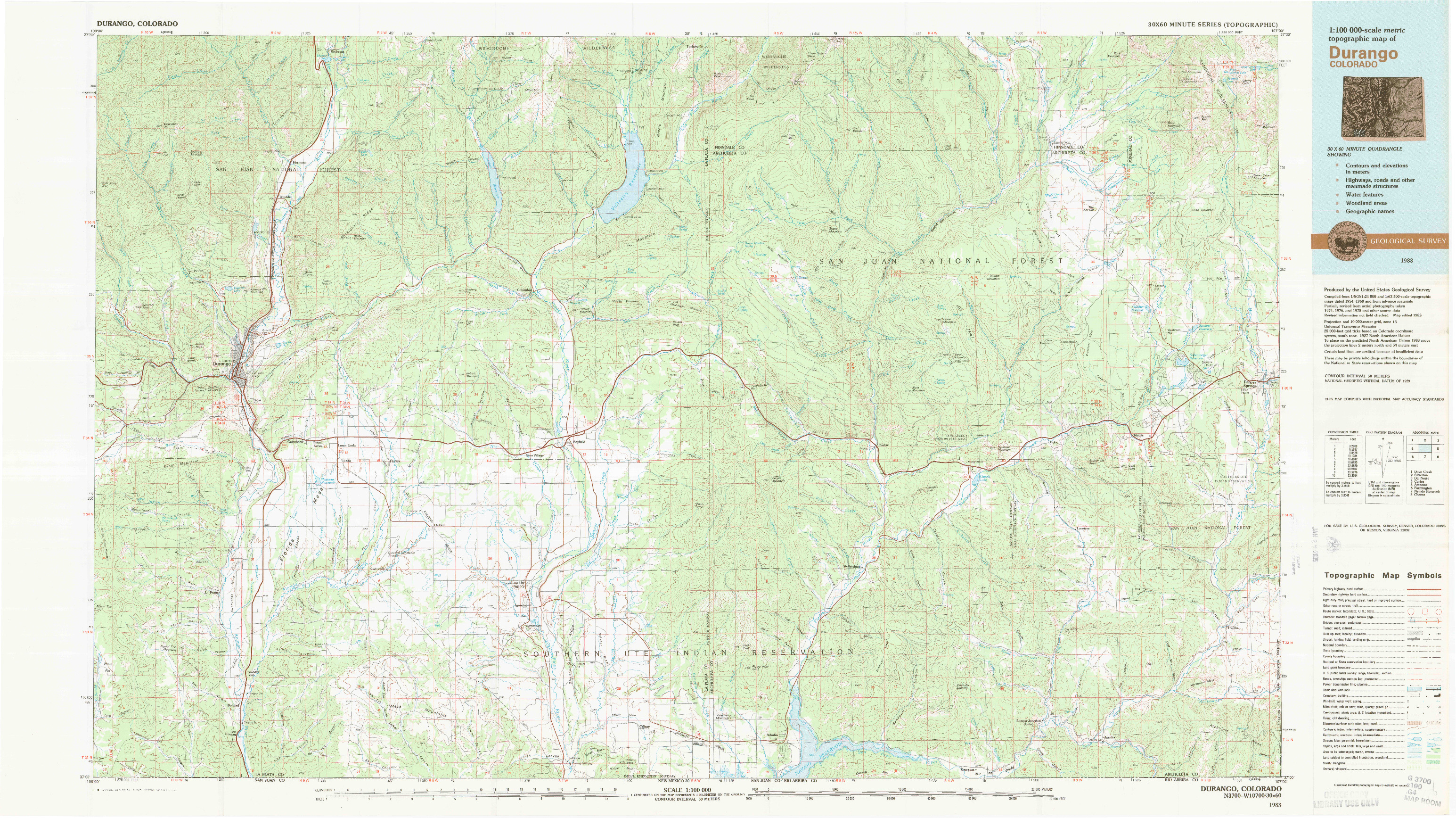 USGS 1:100000-SCALE QUADRANGLE FOR DURANGO, CO 1983