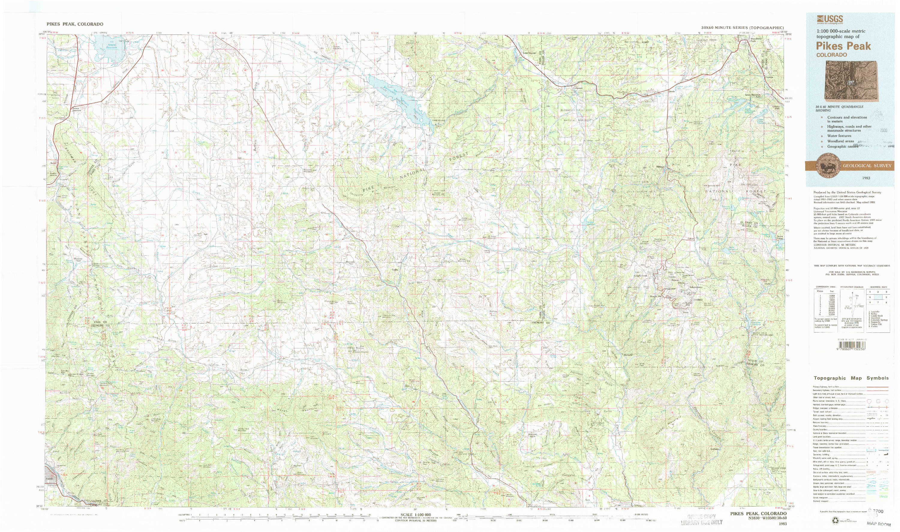 USGS 1:100000-SCALE QUADRANGLE FOR PIKES PEAK, CO 1983