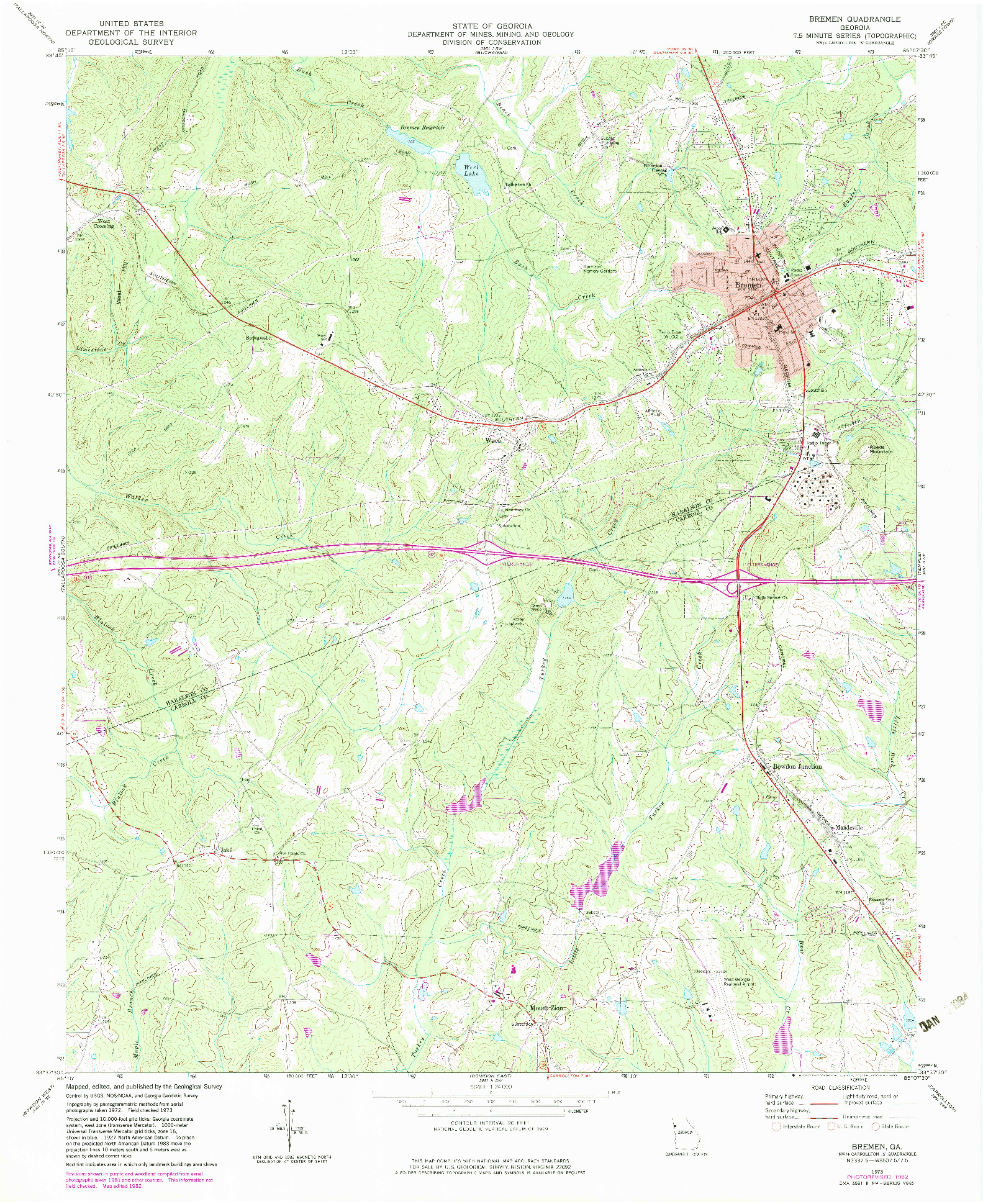USGS 1:24000-SCALE QUADRANGLE FOR BREMEN, GA 1973