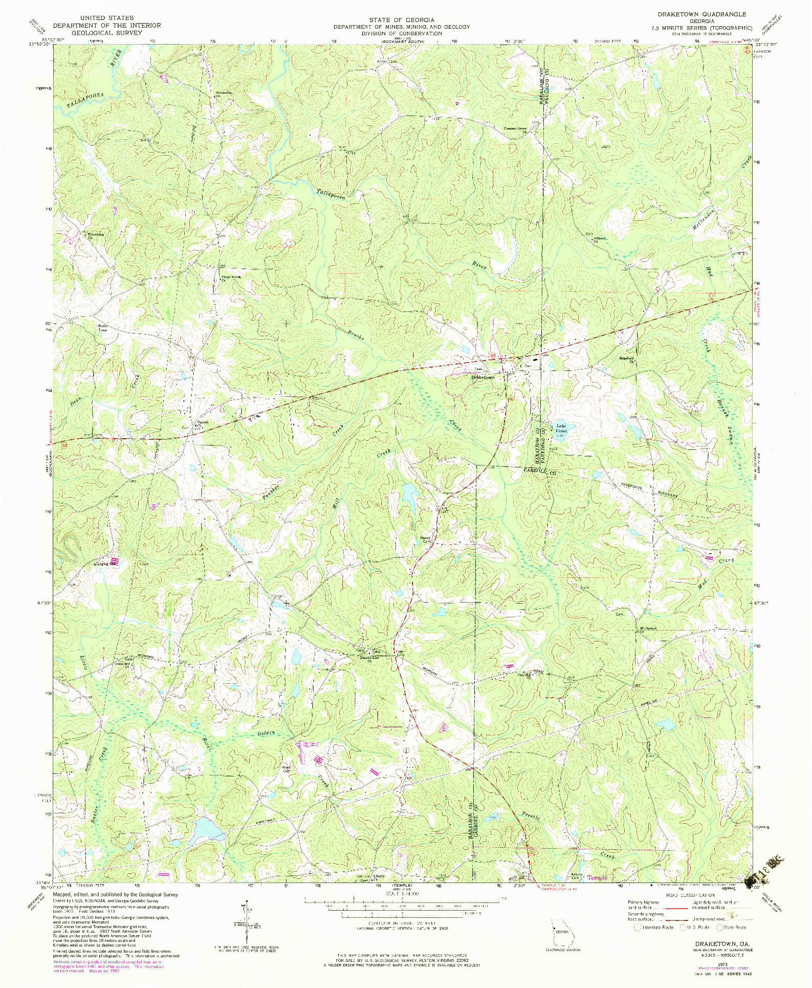 USGS 1:24000-SCALE QUADRANGLE FOR DRAKETOWN, GA 1973