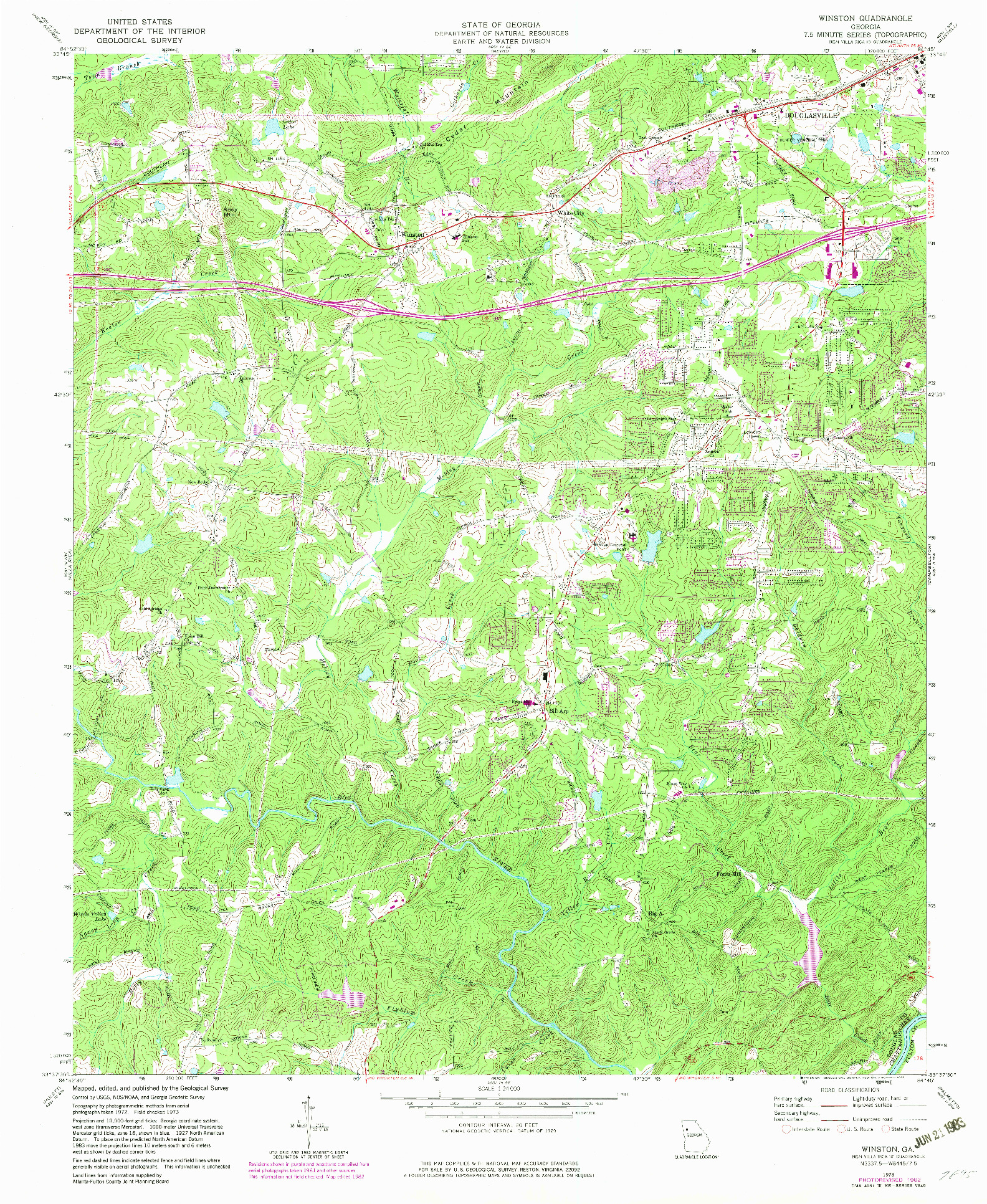 USGS 1:24000-SCALE QUADRANGLE FOR WINSTON, GA 1973