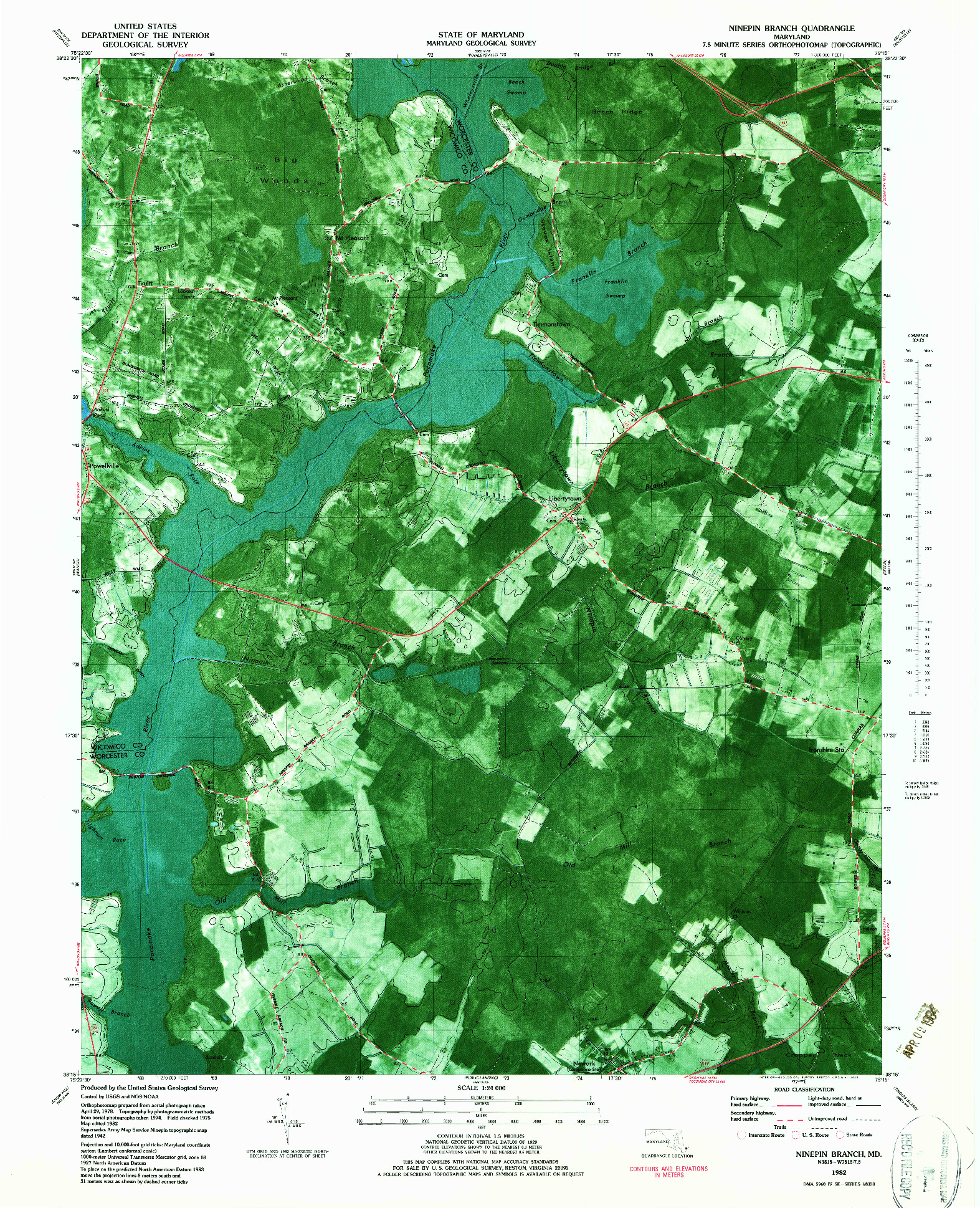 USGS 1:24000-SCALE QUADRANGLE FOR NINEPIN BRANCH, MD 1982