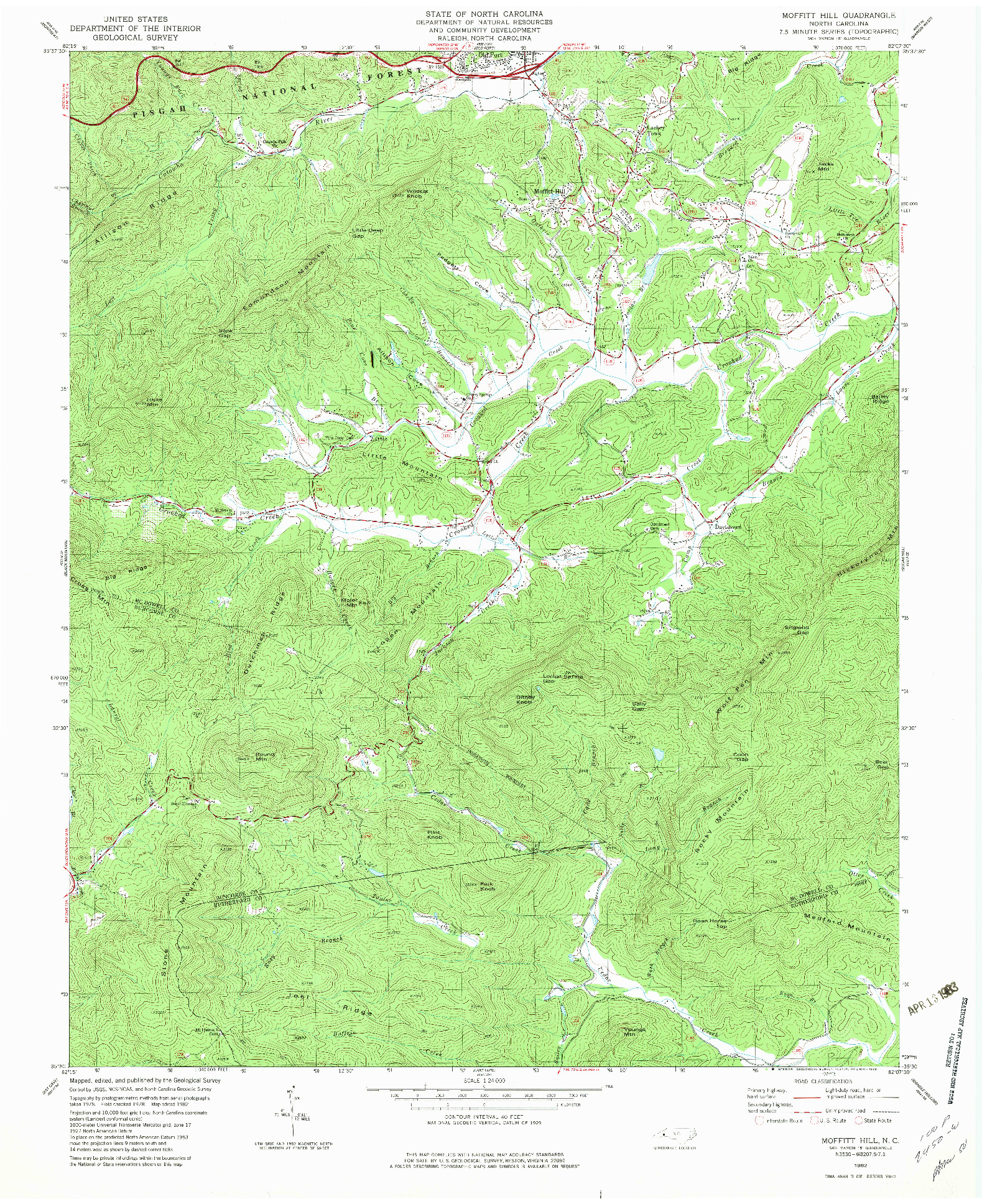USGS 1:24000-SCALE QUADRANGLE FOR MOFFITT HILL, NC 1982