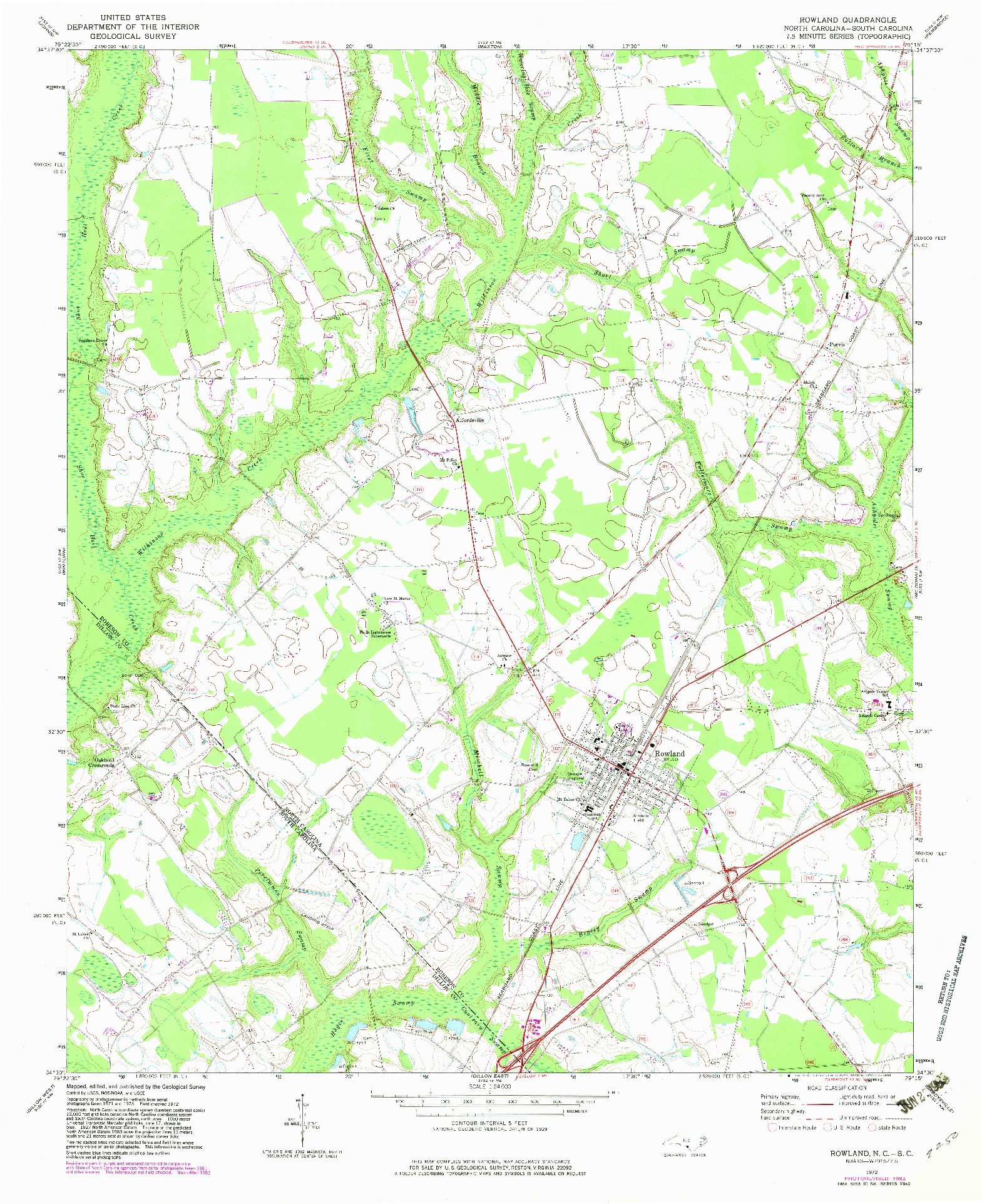 USGS 1:24000-SCALE QUADRANGLE FOR ROWLAND, NC 1972