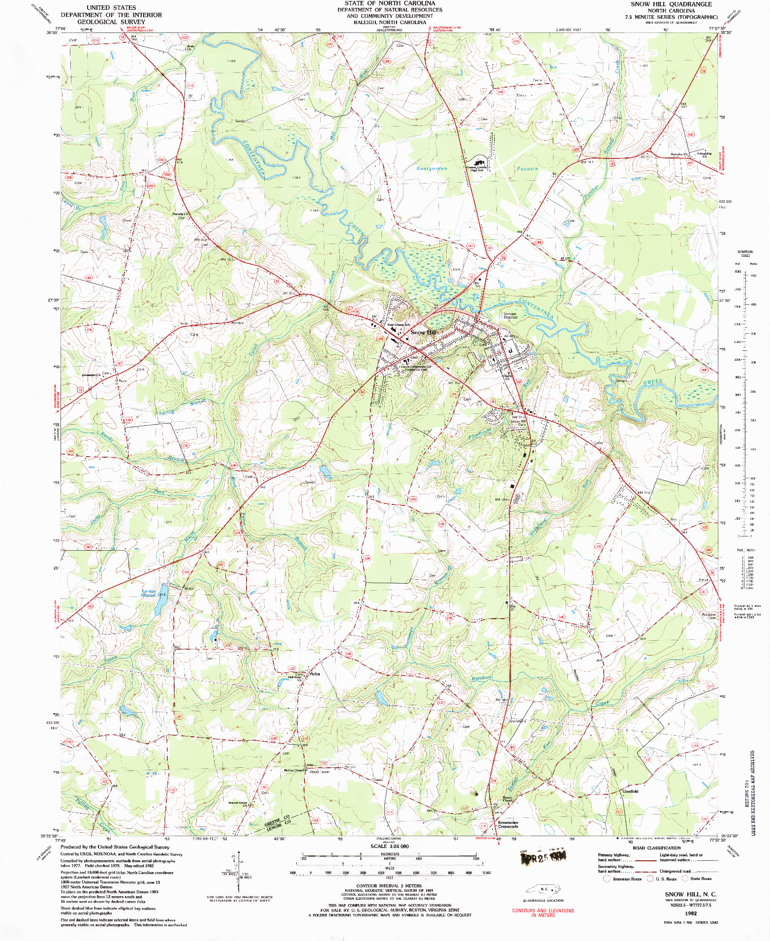 USGS 1:24000-SCALE QUADRANGLE FOR SNOW HILL, NC 1982