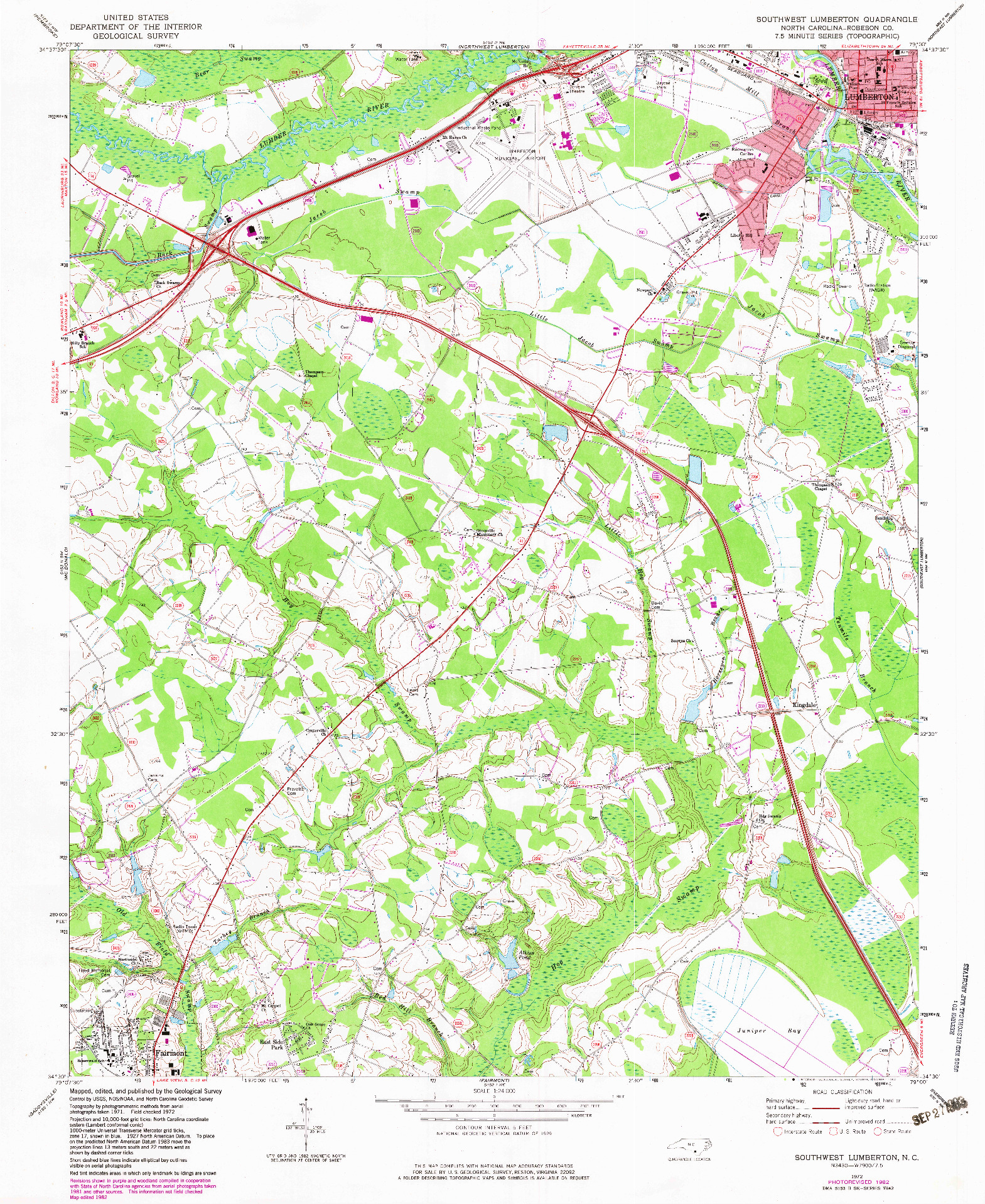 USGS 1:24000-SCALE QUADRANGLE FOR SOUTHWEST LUMBERTON, NC 1972