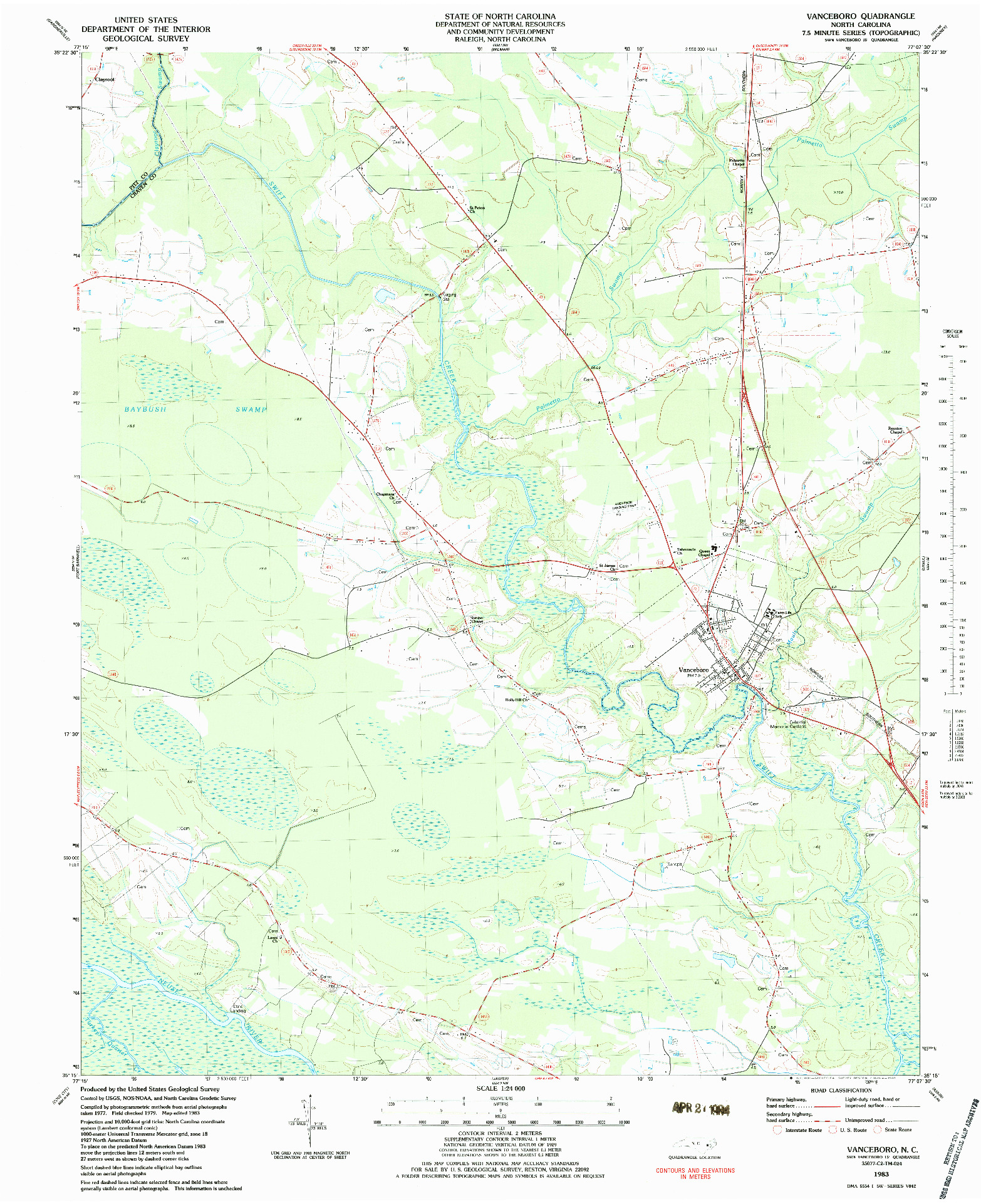 USGS 1:24000-SCALE QUADRANGLE FOR VANCEBORO, NC 1983