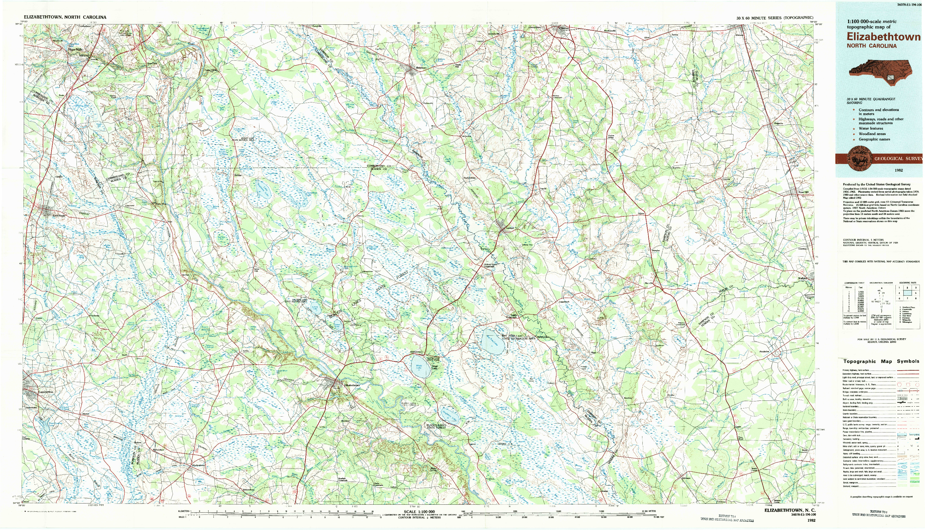 USGS 1:100000-SCALE QUADRANGLE FOR ELIZABETHTOWN, NC 1982