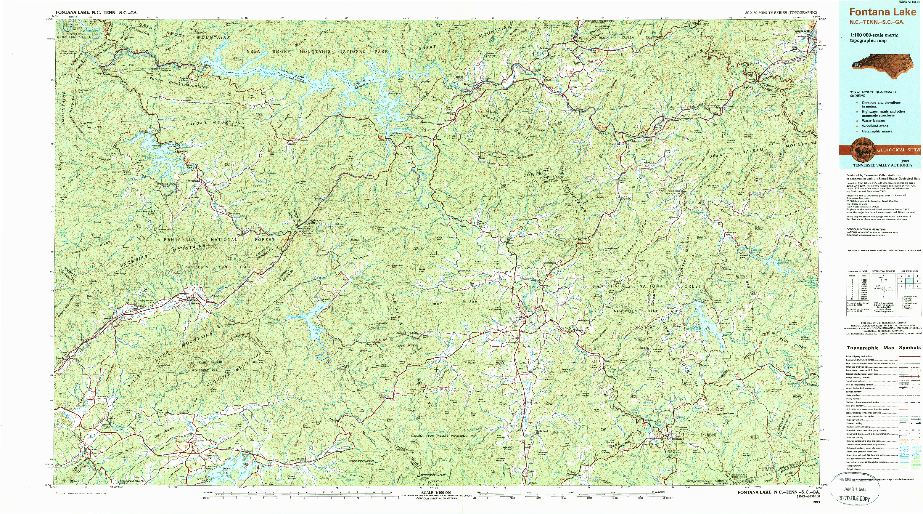 USGS 1:100000-SCALE QUADRANGLE FOR FONTANA LAKE, NC 1983