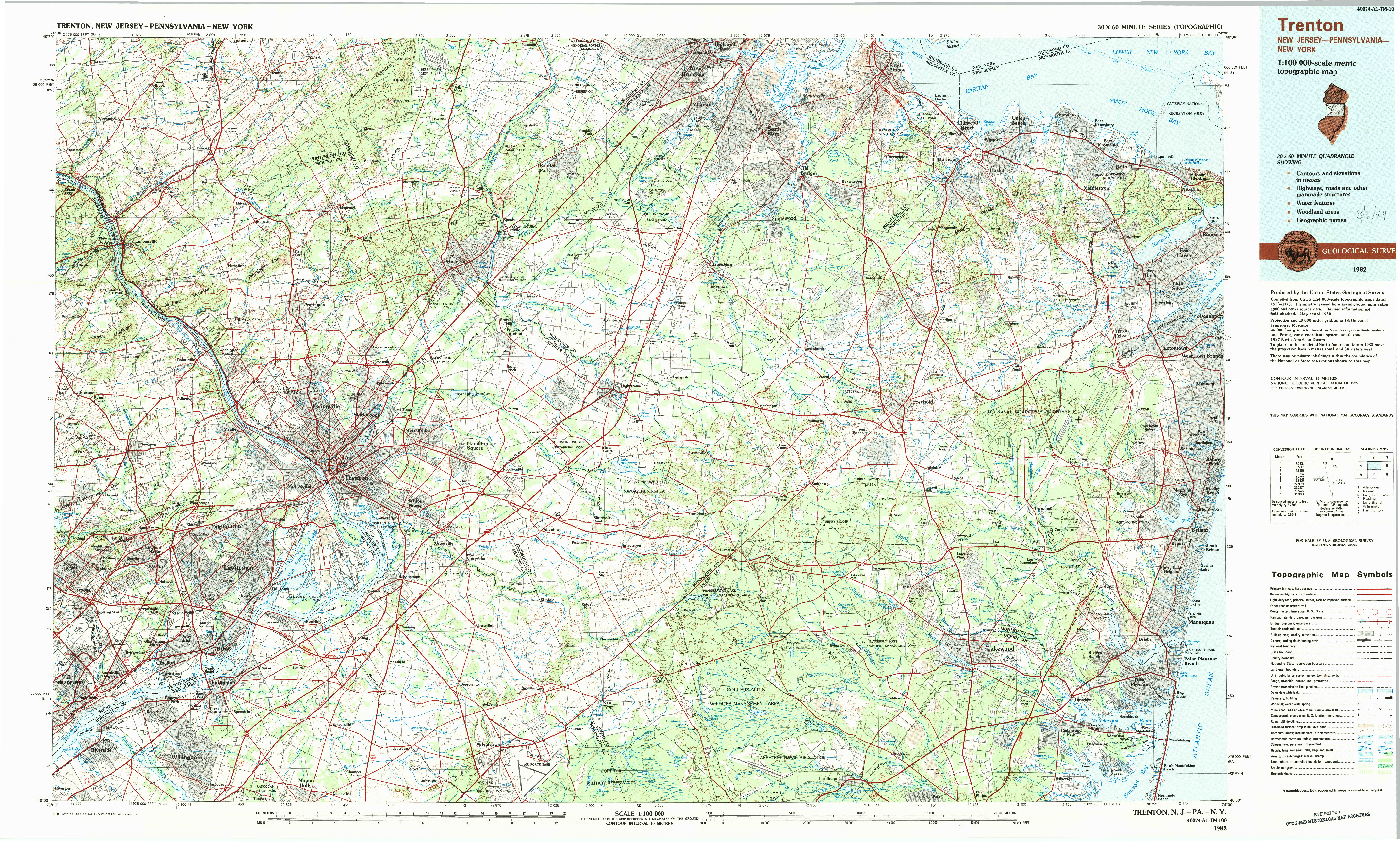 USGS 1:100000-SCALE QUADRANGLE FOR TRENTON, NJ 1982