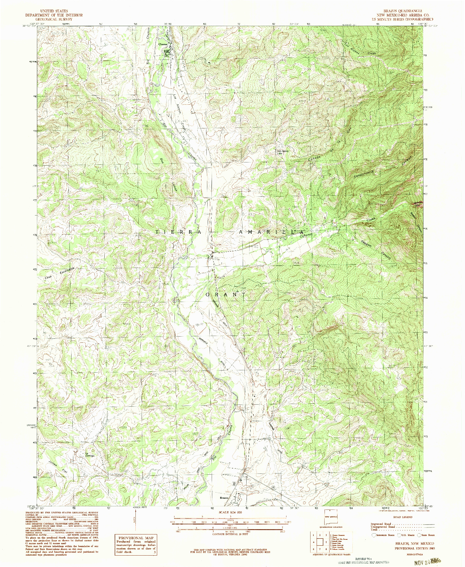 USGS 1:24000-SCALE QUADRANGLE FOR BRAZOS, NM 1983