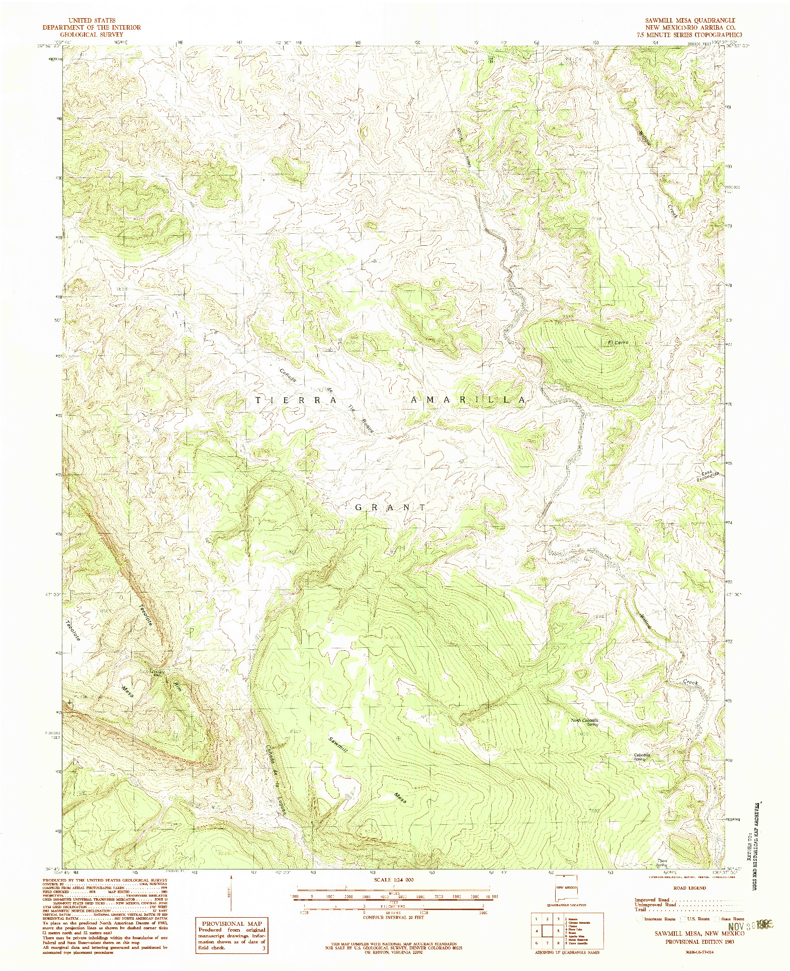 USGS 1:24000-SCALE QUADRANGLE FOR SAWMILL MESA, NM 1983