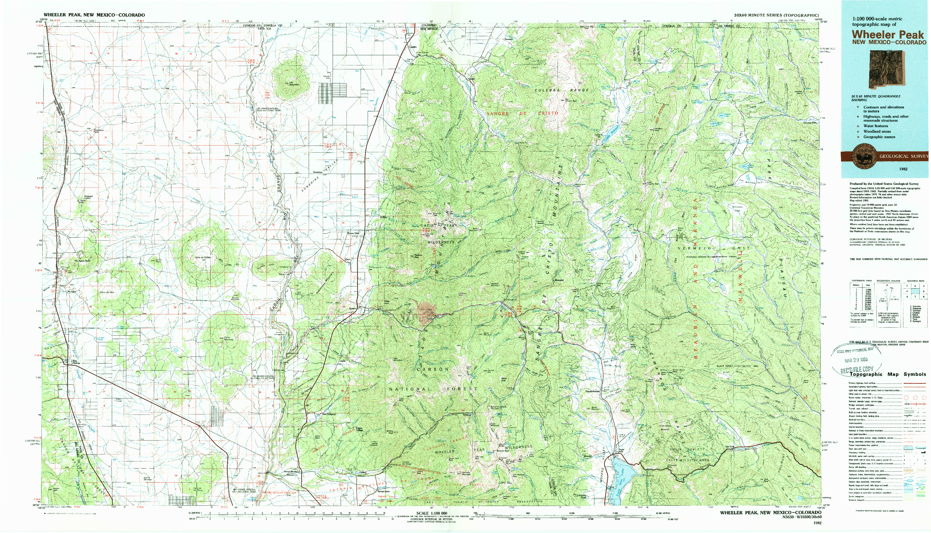 USGS 1:100000-SCALE QUADRANGLE FOR WHEELER PEAK, NM 1982