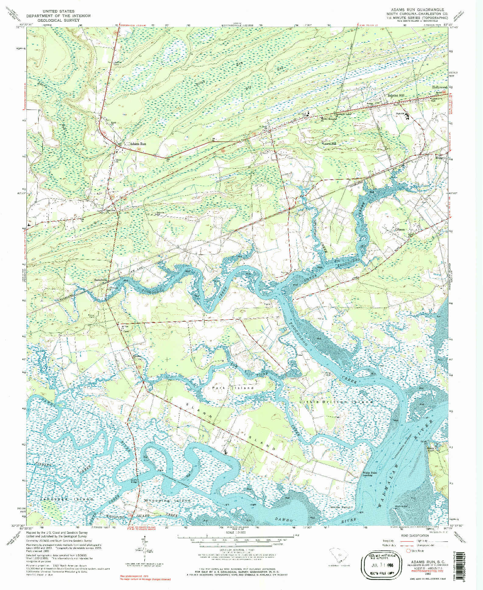USGS 1:24000-SCALE QUADRANGLE FOR ADAMS RUN, SC 1960