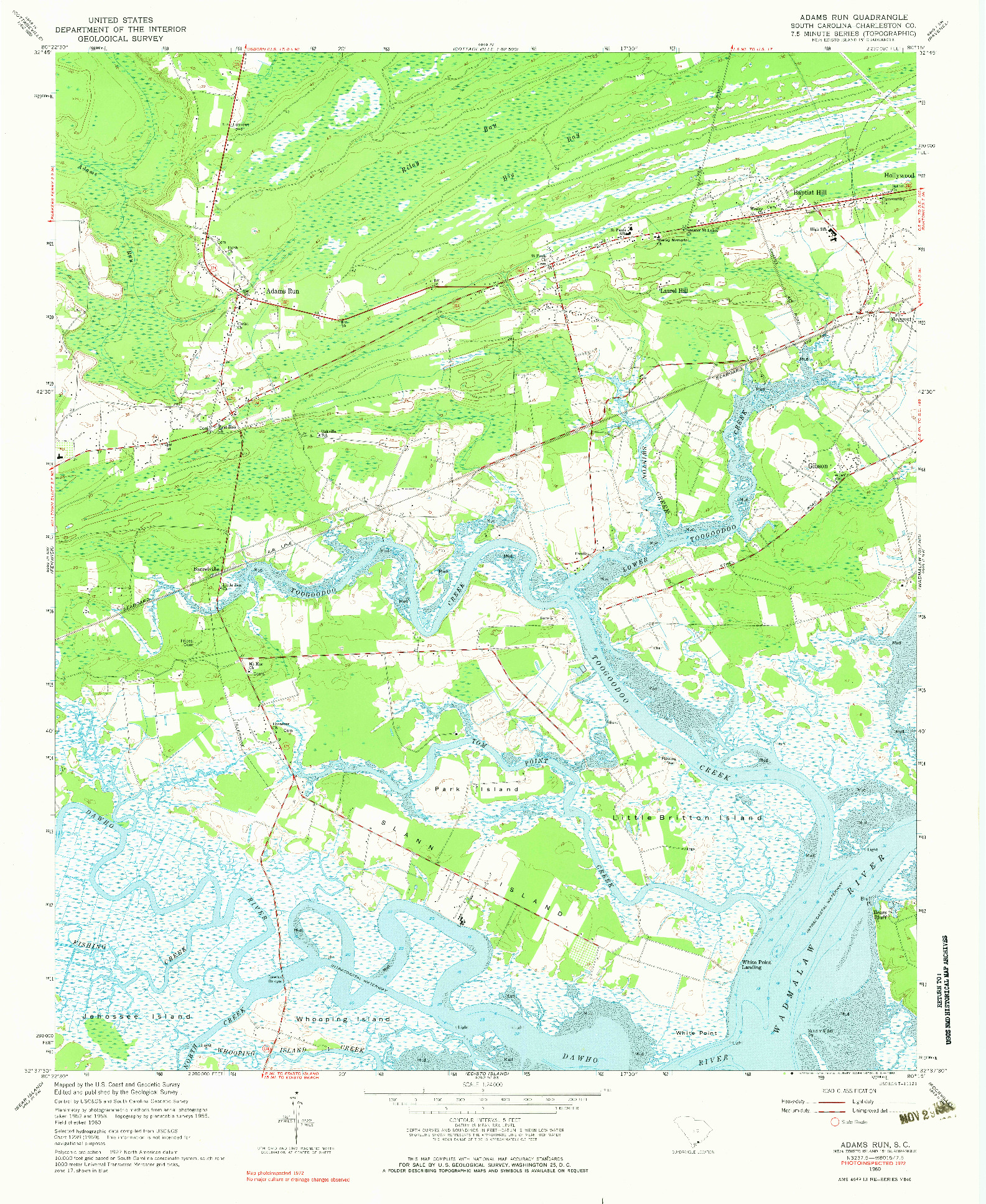 USGS 1:24000-SCALE QUADRANGLE FOR ADAMS RUN, SC 1960