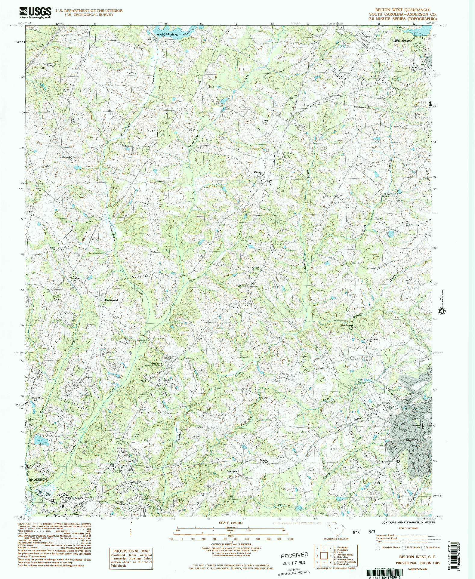 USGS 1:24000-SCALE QUADRANGLE FOR BELTON WEST, SC 1983