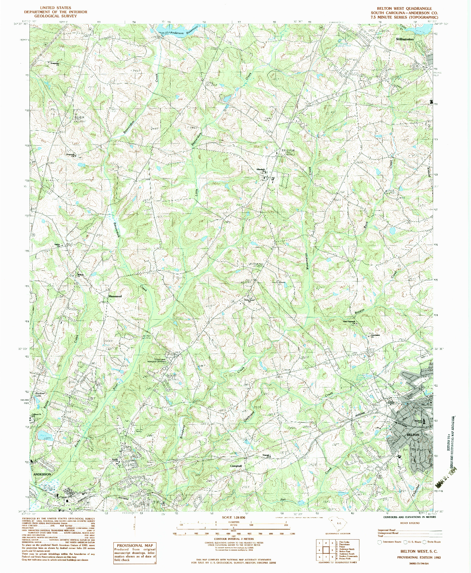 USGS 1:24000-SCALE QUADRANGLE FOR BELTON WEST, SC 1983