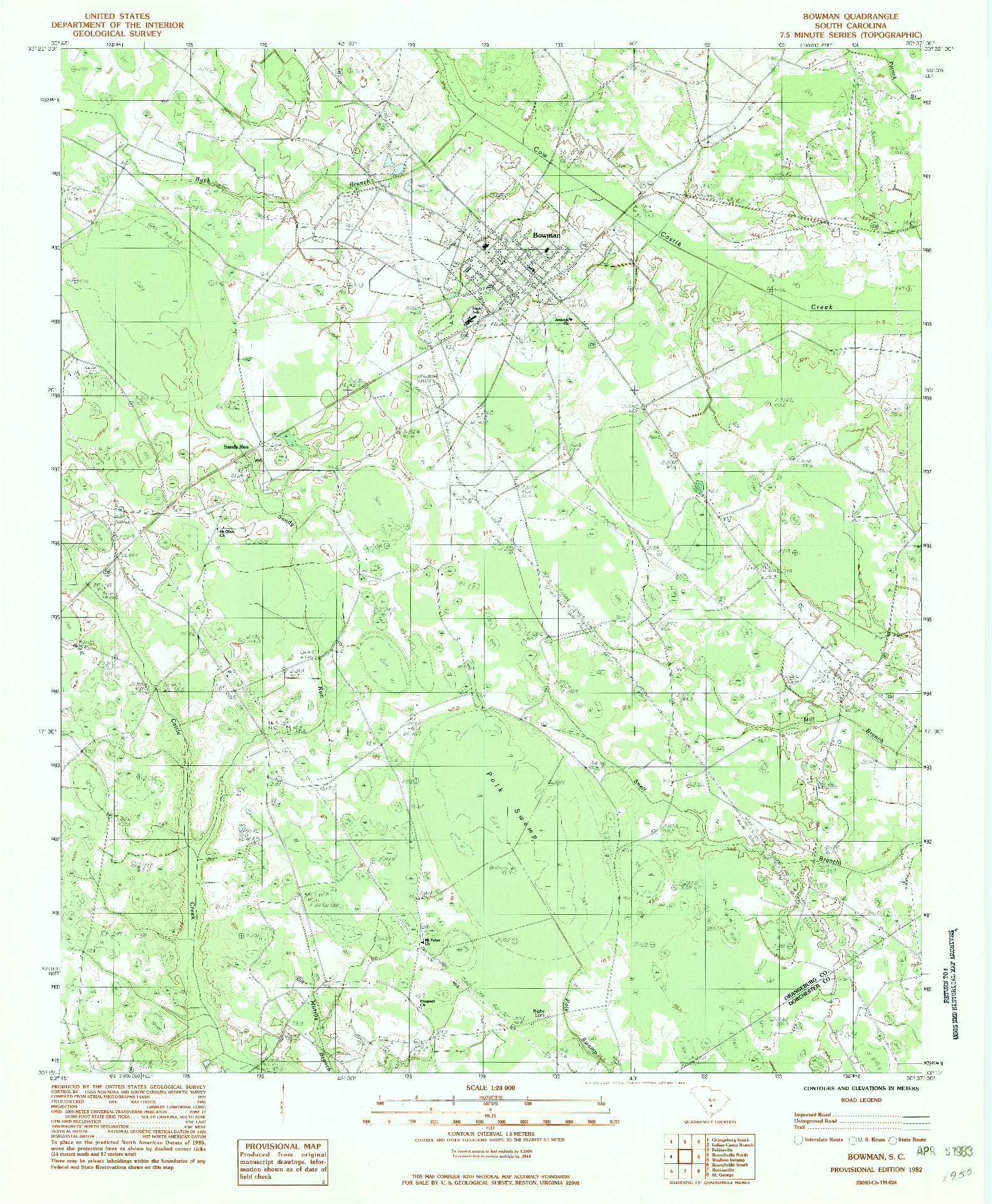 USGS 1:24000-SCALE QUADRANGLE FOR BOWMAN, SC 1982