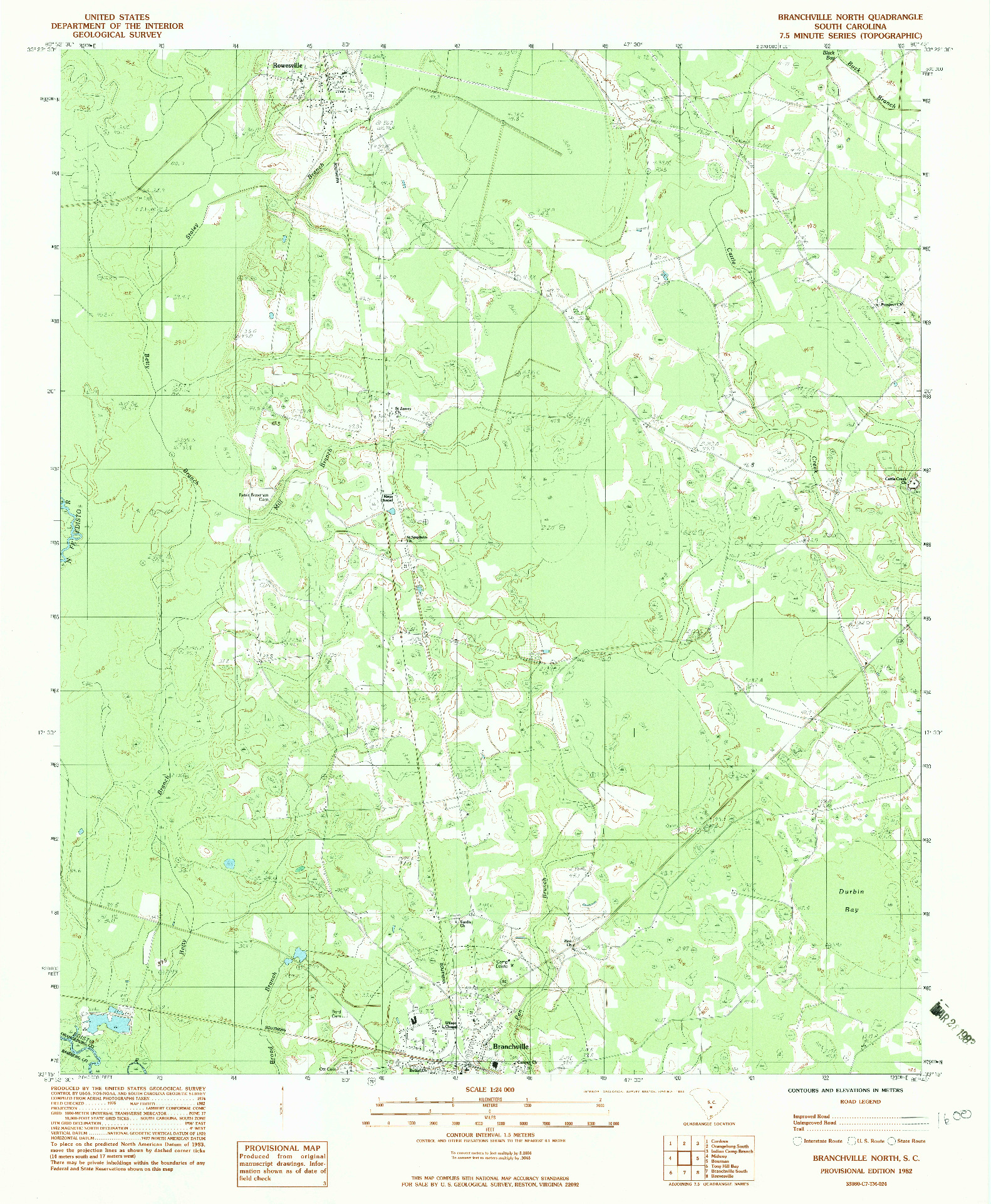 USGS 1:24000-SCALE QUADRANGLE FOR BRANCHVILLE NORTH, SC 1982
