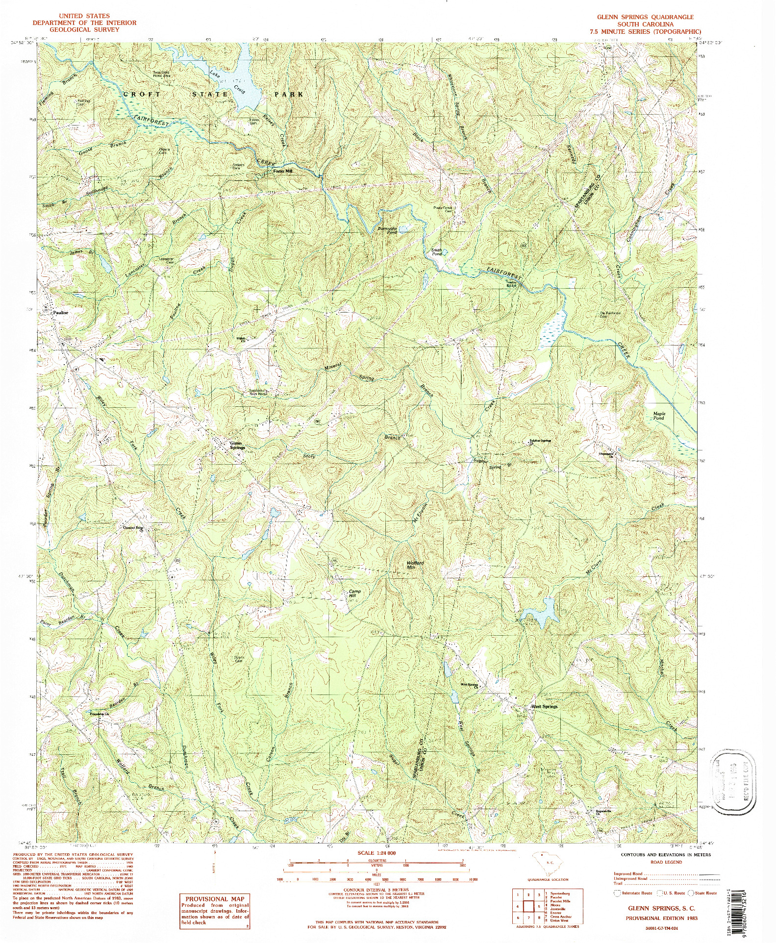 USGS 1:24000-SCALE QUADRANGLE FOR GLENN SPRINGS, SC 1983