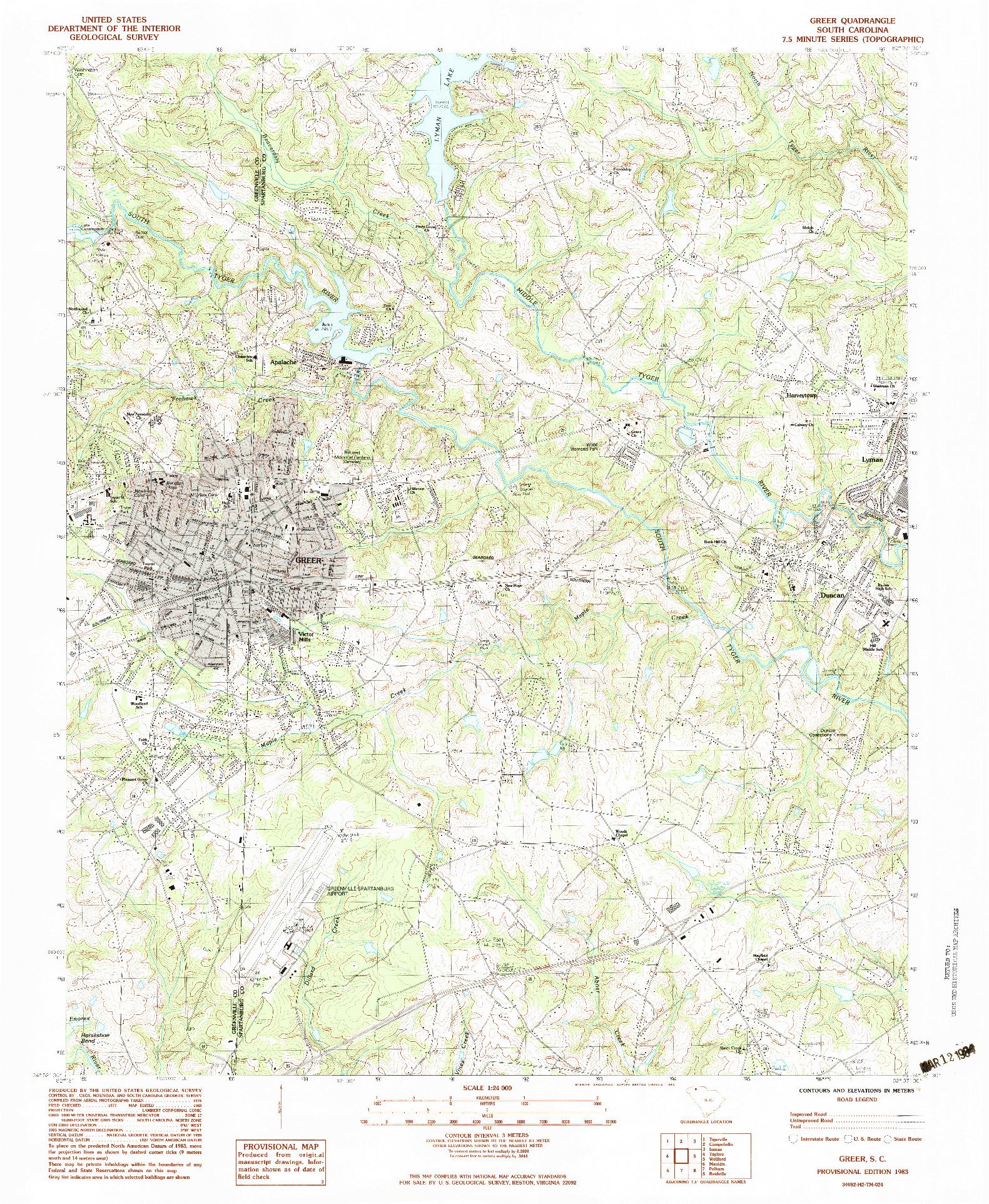 USGS 1:24000-SCALE QUADRANGLE FOR GREER, SC 1983