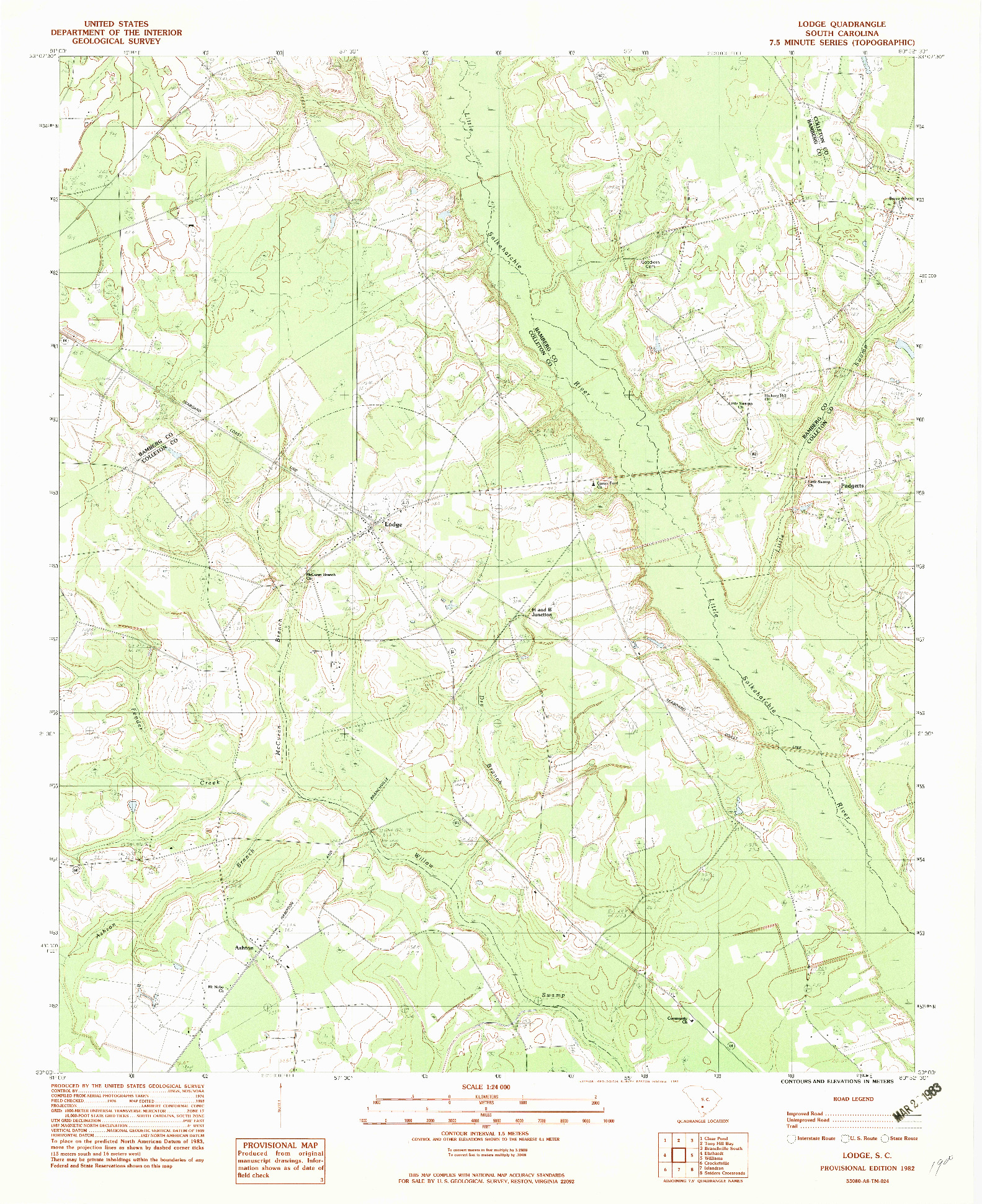 USGS 1:24000-SCALE QUADRANGLE FOR LODGE, SC 1982