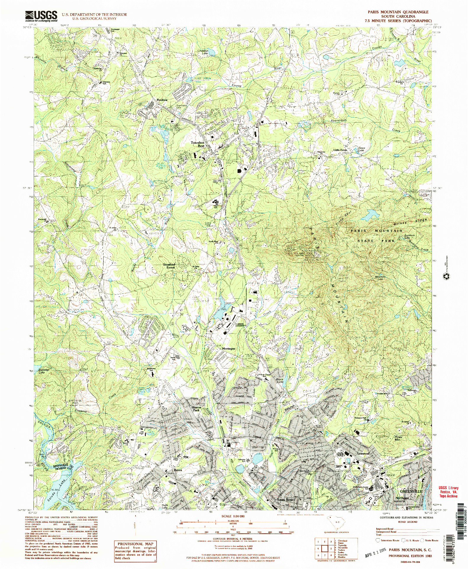 USGS 1:24000-SCALE QUADRANGLE FOR PARIS MOUNTAIN, SC 1983