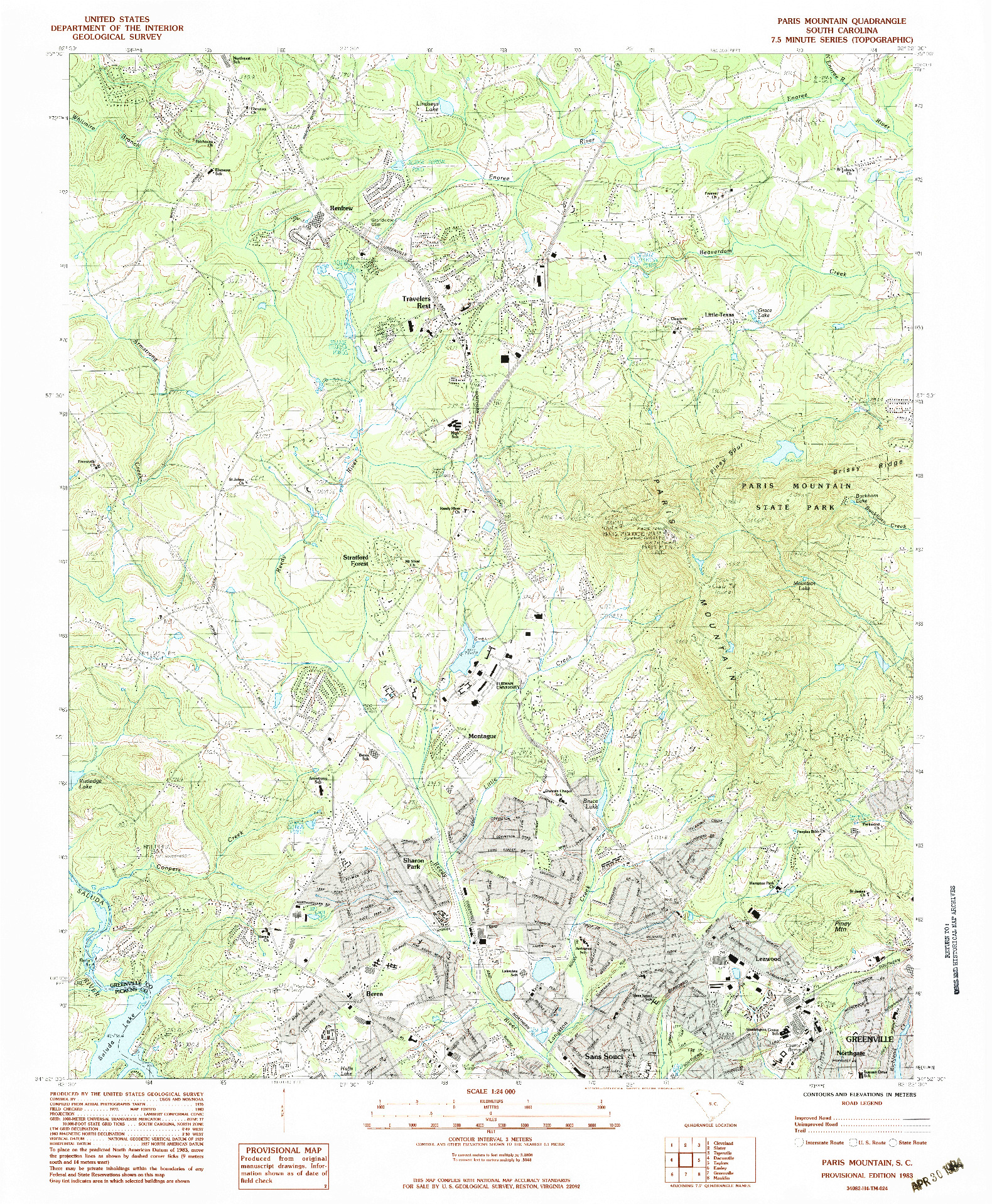 USGS 1:24000-SCALE QUADRANGLE FOR PARIS MOUNTAIN, SC 1983